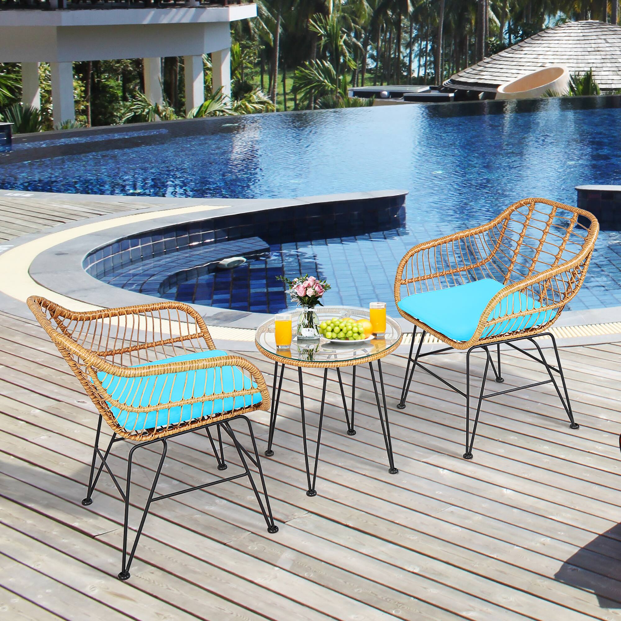 Alt View 3. Costway - Costway 3PCS Patio Rattan Bistro Furniture Set Cushioned Chair Table - Turquoise.