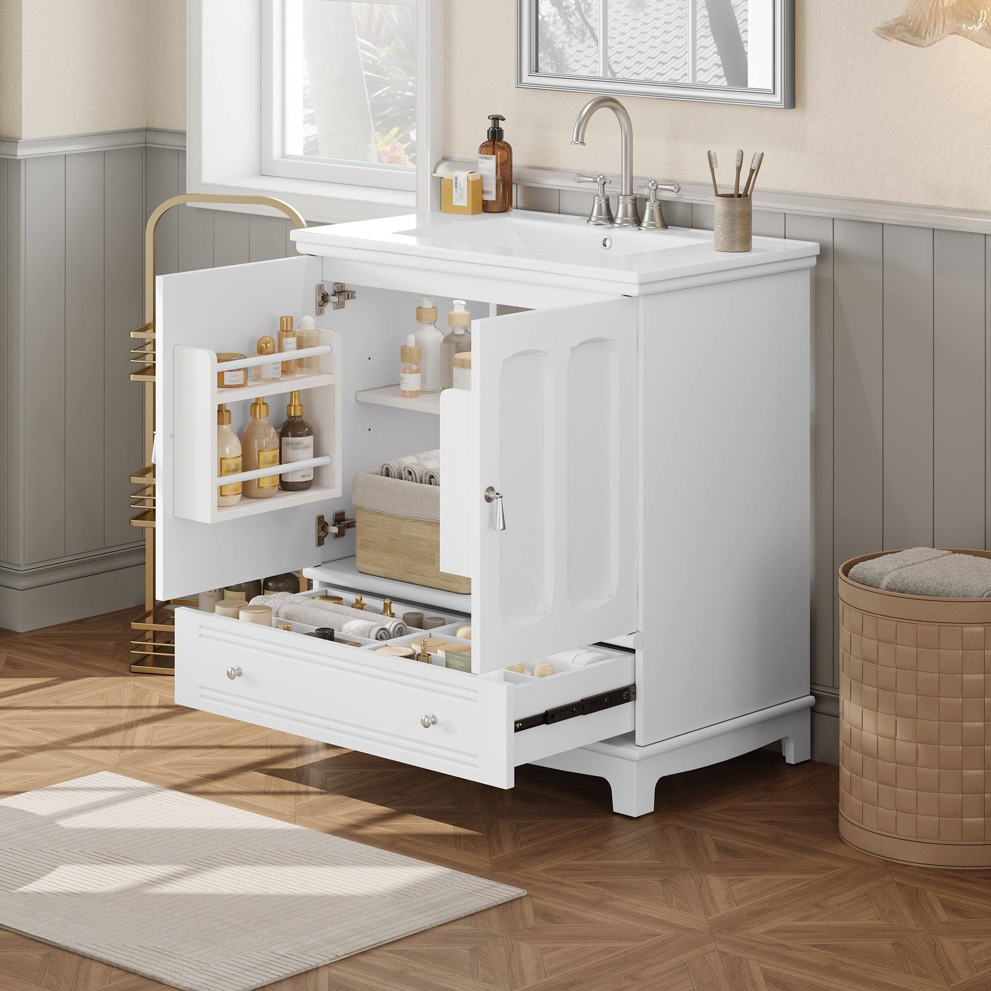 Alt View 5. Boyel Living - 30 Inch Bathroom Vanity with Ceramic Sink and Adjustable Shelf White - White.