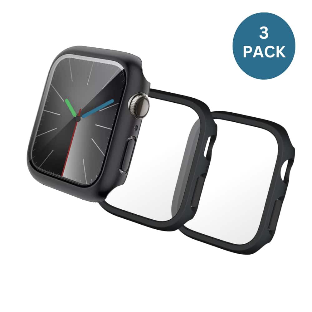 Front. Qixxronics - 3PCS Case for Apple Watch Series 6 (44mm) with Built-in Tempered Glass Screen Protector - Black.