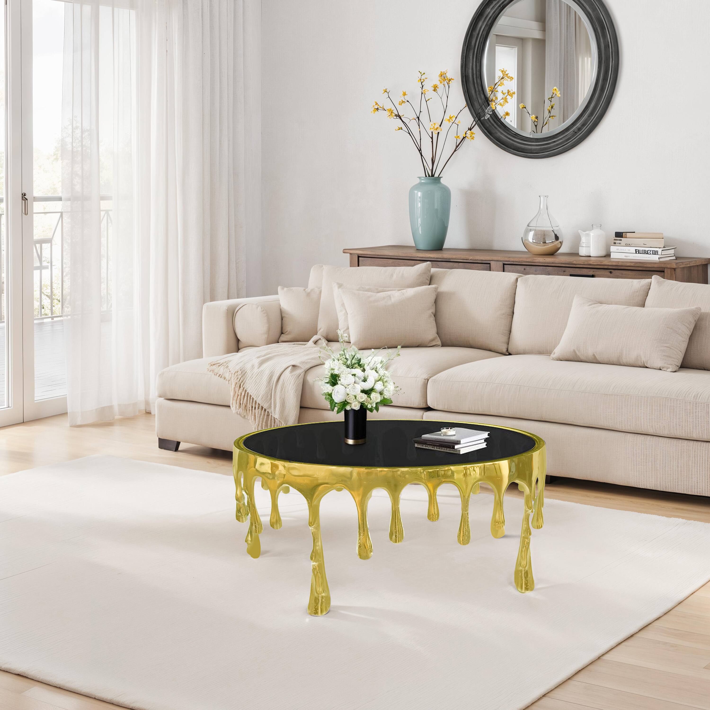 Alt View 10. Manhattan Lane - Capri Coffee Table | 36 Inch Round Glass Top | Melting Drip Design - Gold, Black.