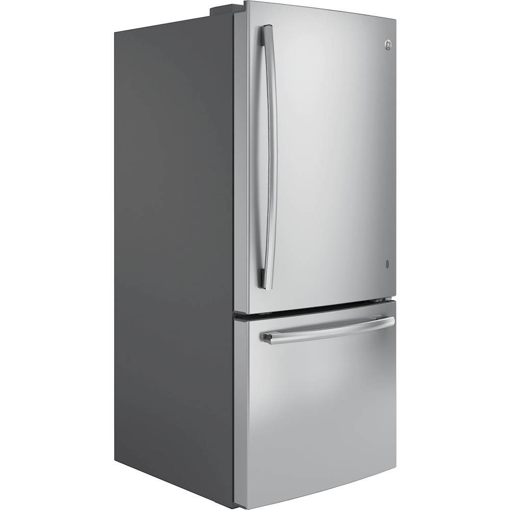 Angle View: GE - 21.0 Cu. Ft. Bottom-Freezer Refrigerator - Stainless steel