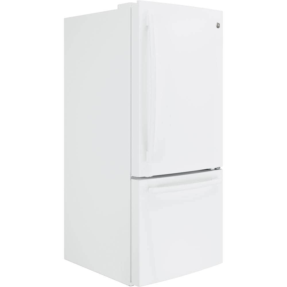 Angle. GE - 21.0 Cu. Ft. Bottom-Freezer Refrigerator with LED Internal Lighting - High-gloss white.