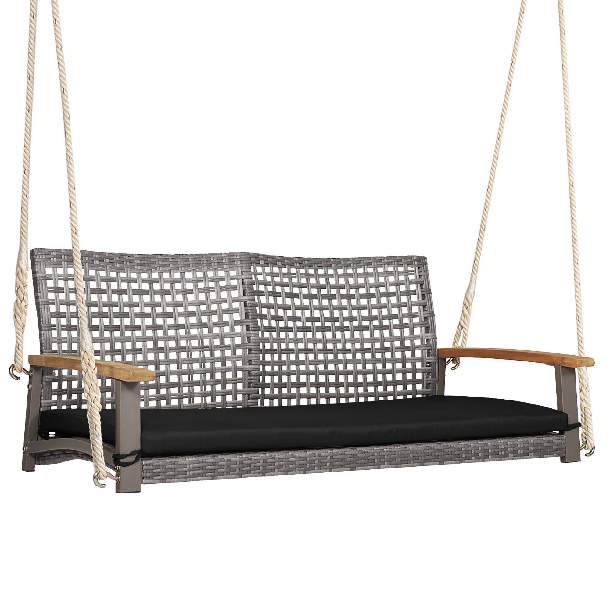 Costway - 2-Person Patio Wicker Hanging Swing Chair Loveseat Cushion Porch - Mix Grey,Black
