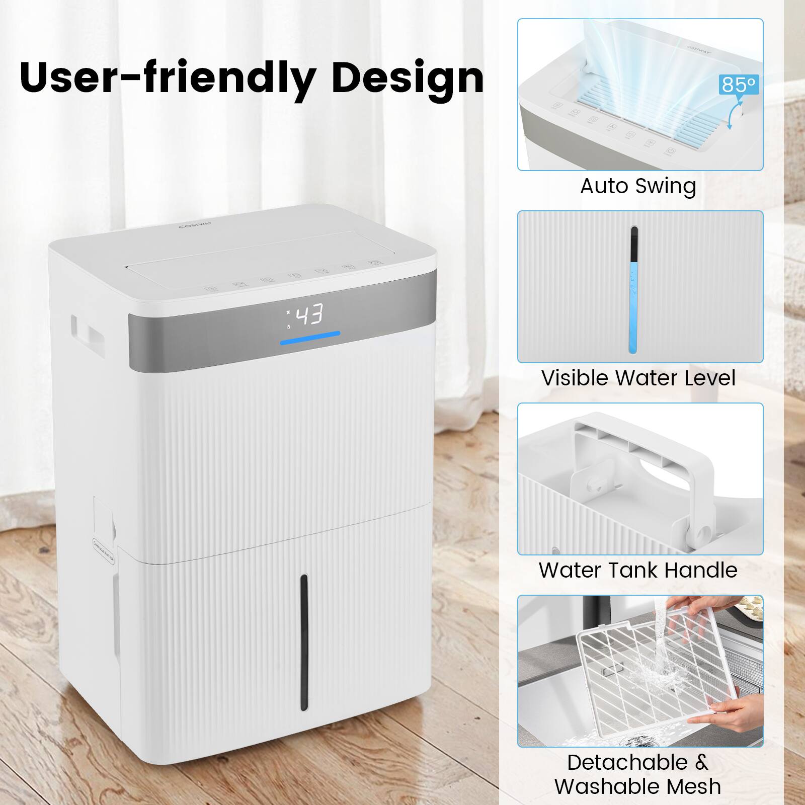 User-friendly Design

- Auto Swing
- Visible Water Level
- Water Tank Handle
- Detachable & Washable Mesh