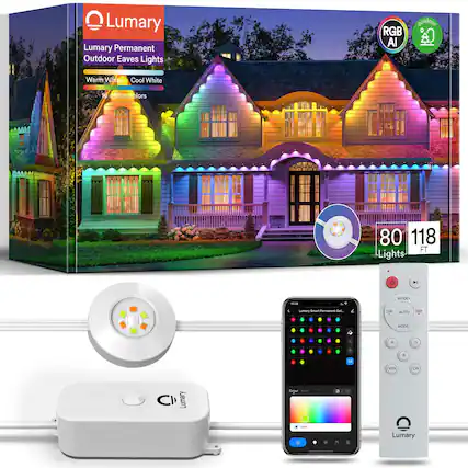 Lumary Permanent Outdoor Eaves Lights RGB AI outdoor Warm White Cool White 96 million colors 80 118 FT Lights