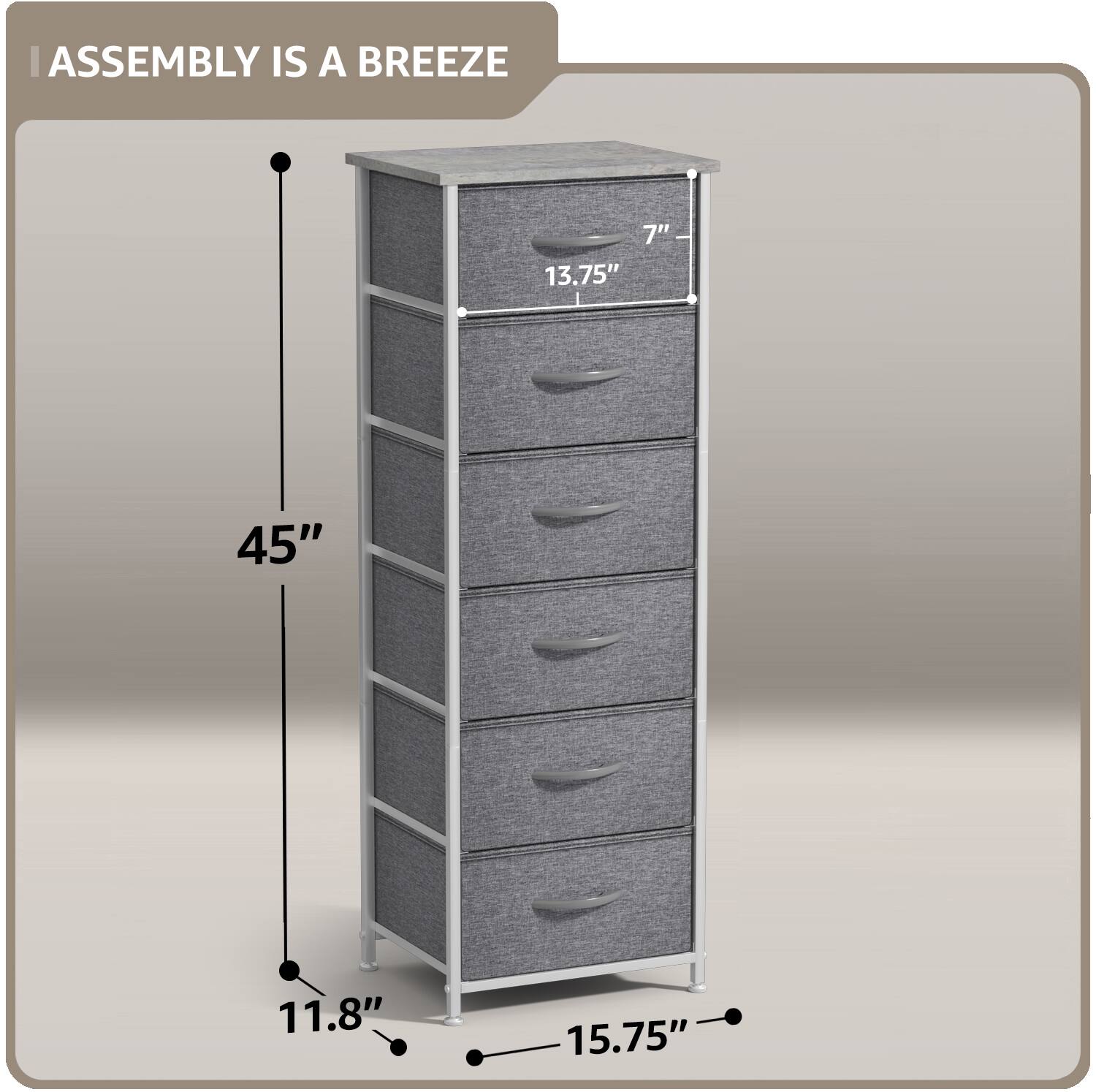 ASSEMBLY IS A BREEZE

- Height: 45"
- Width: 15.75"
- Depth: 11.8"
- Drawer Height: 7"
- Drawer Width: 13.75"