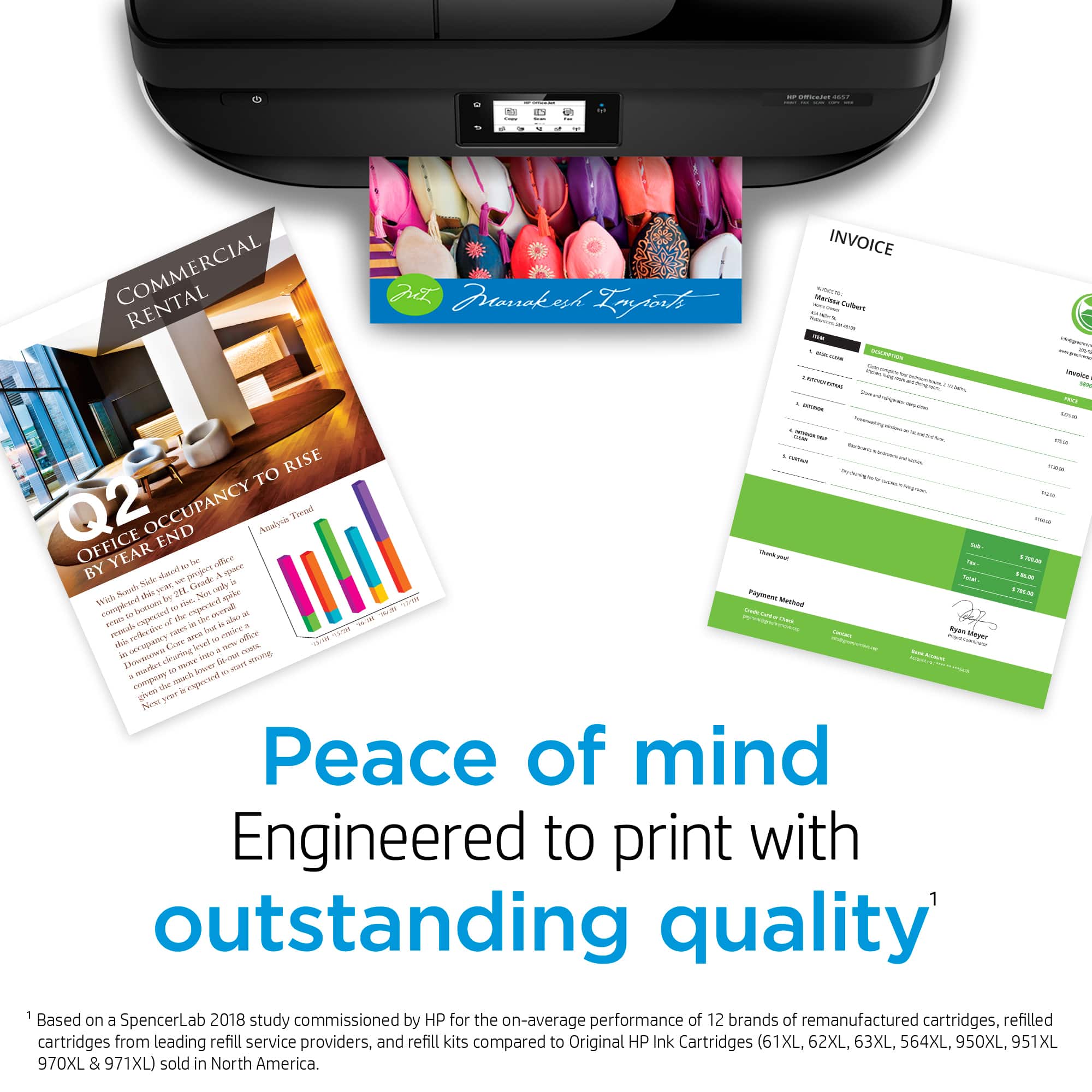 The image features a printer and various printed materials, including an invoice, a commercial rental agreement, and a brochure. The printer is positioned on the left side of the image, while the invoice is located in the middle, and the commercial rental agreement is on the right side. The brochure is placed at the bottom of the image. The scene suggests that the printer is being used for business purposes, such as printing contracts and promotional materials.
