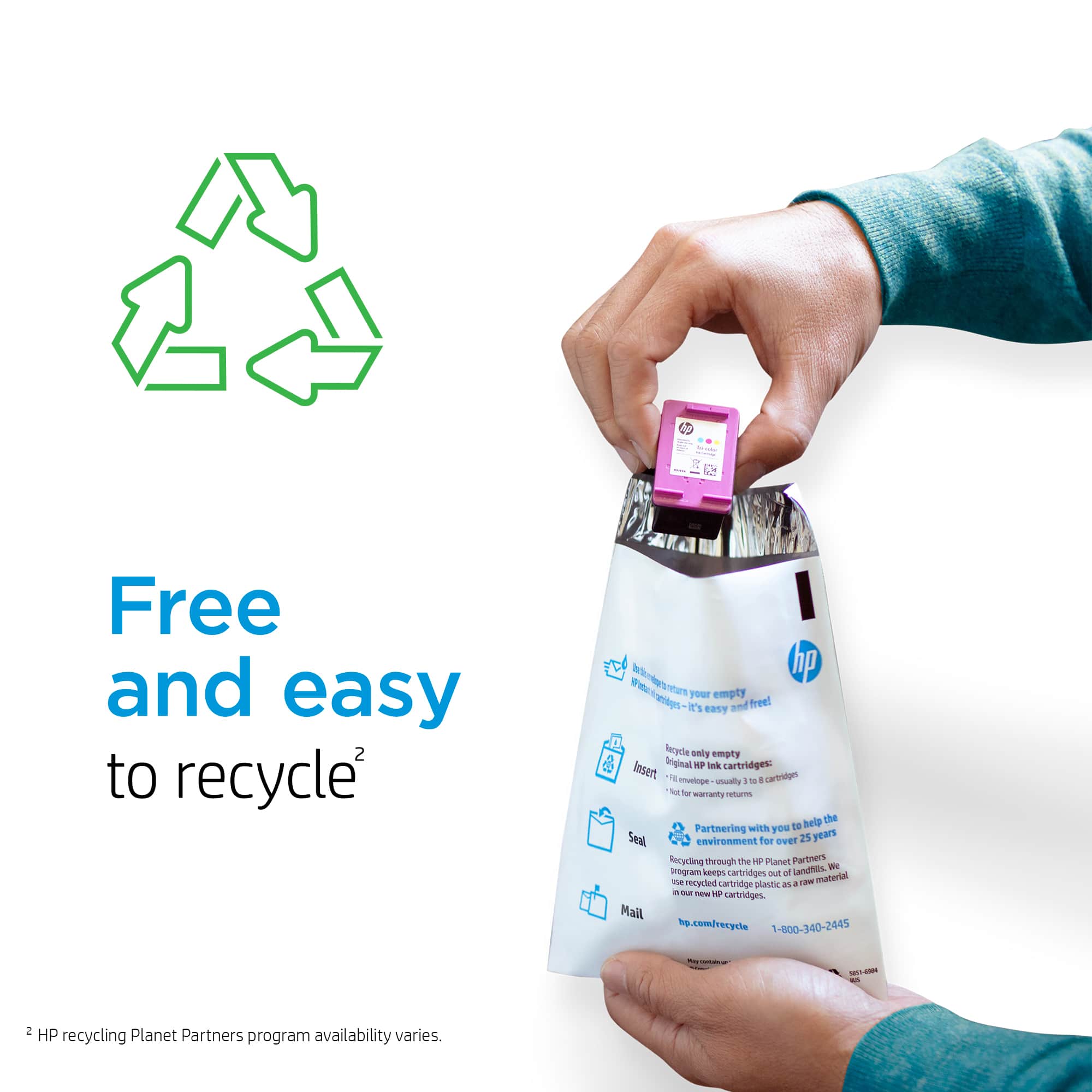 The image features a person holding a small bag, which is part of the HP Planet Partners recycling program. The program is designed to make recycling HP inkjet cartridges easy and convenient. The person is holding the bag up to the camera, showcasing the recycling bag and its contents. The image also includes a handbag and a cell phone, but they are not the main focus of the scene. The main message of the image is to promote the recycling program and encourage people to participate in environmentally friendly practices.