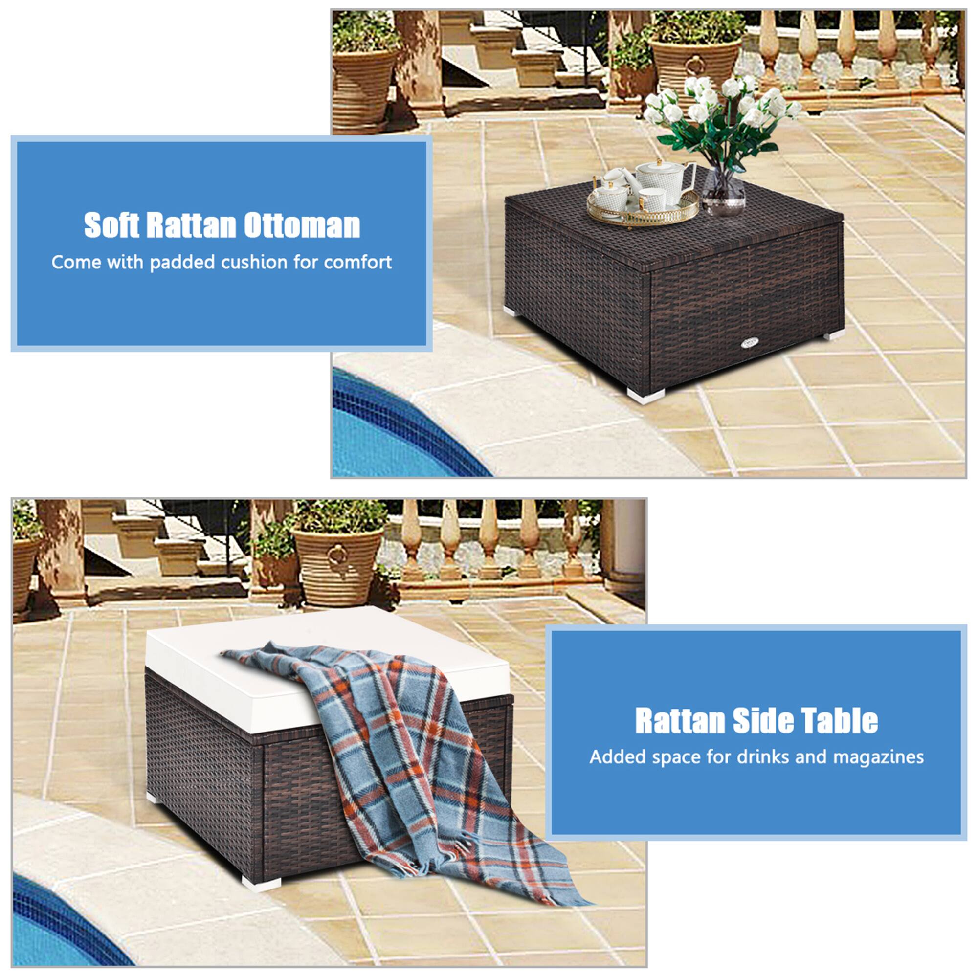Soft Rattan Ottoman  
Come with padded cushion for comfort  

Rattan Side Table  
Added space for drinks and magazines