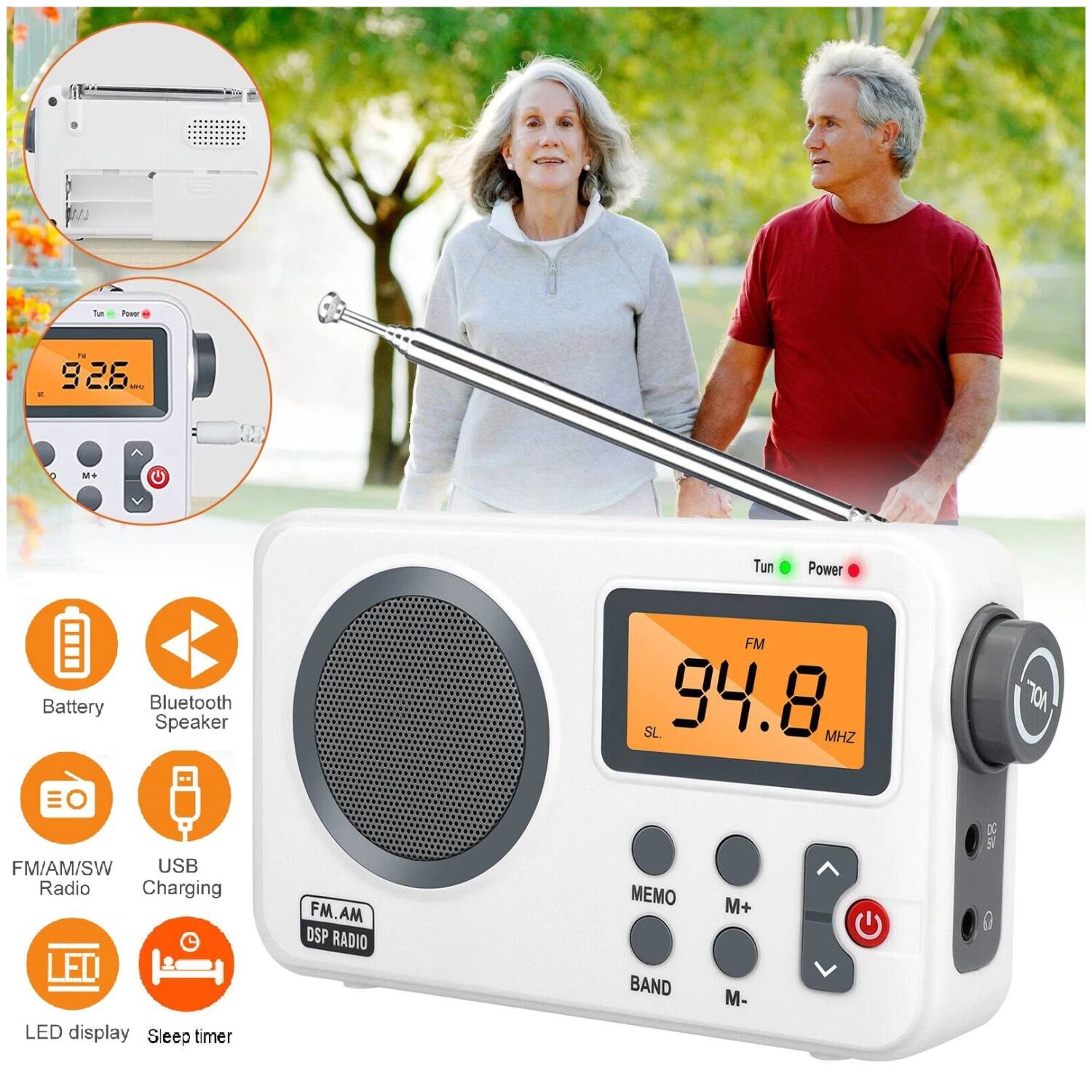 Sure, here is the corrected and grouped text from the image:

---

**Features:**

- Battery
- Bluetooth Speaker
- FM/AM/SW Radio
- USB Charging
- LED display
- Sleep timer

**Controls:**

- Tun
- Power
- M+
- M-
- MEMO
- BAND

**Display:**

- FM 94.8 MHz
- SL.

**Additional:**

- DSP RADIO
- DC 9V

---