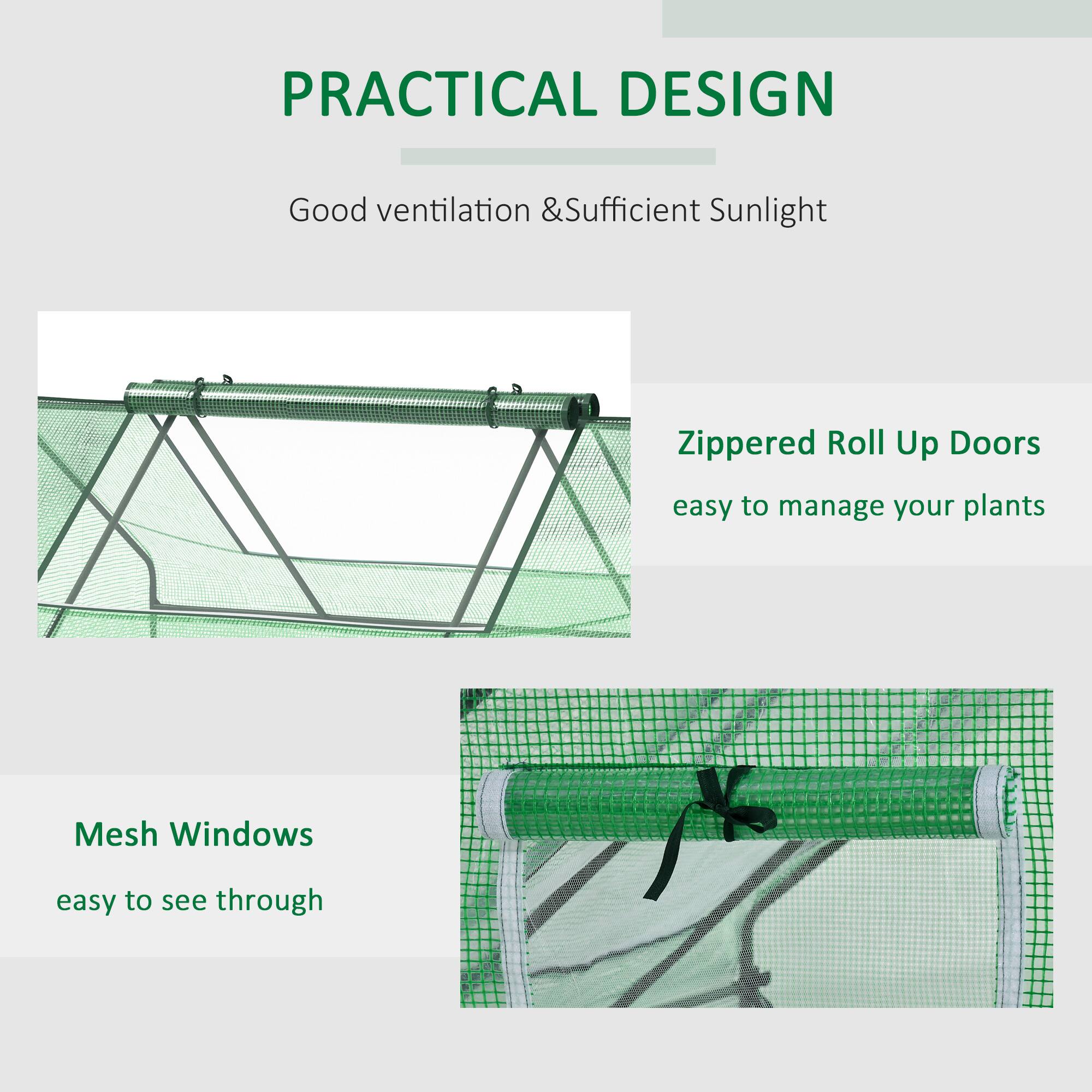 PRACTICAL DESIGN
Good ventilation & Sufficient Sunlight
Zippered Roll Up Doors easy to manage your plants
Mesh Windows easy to see through