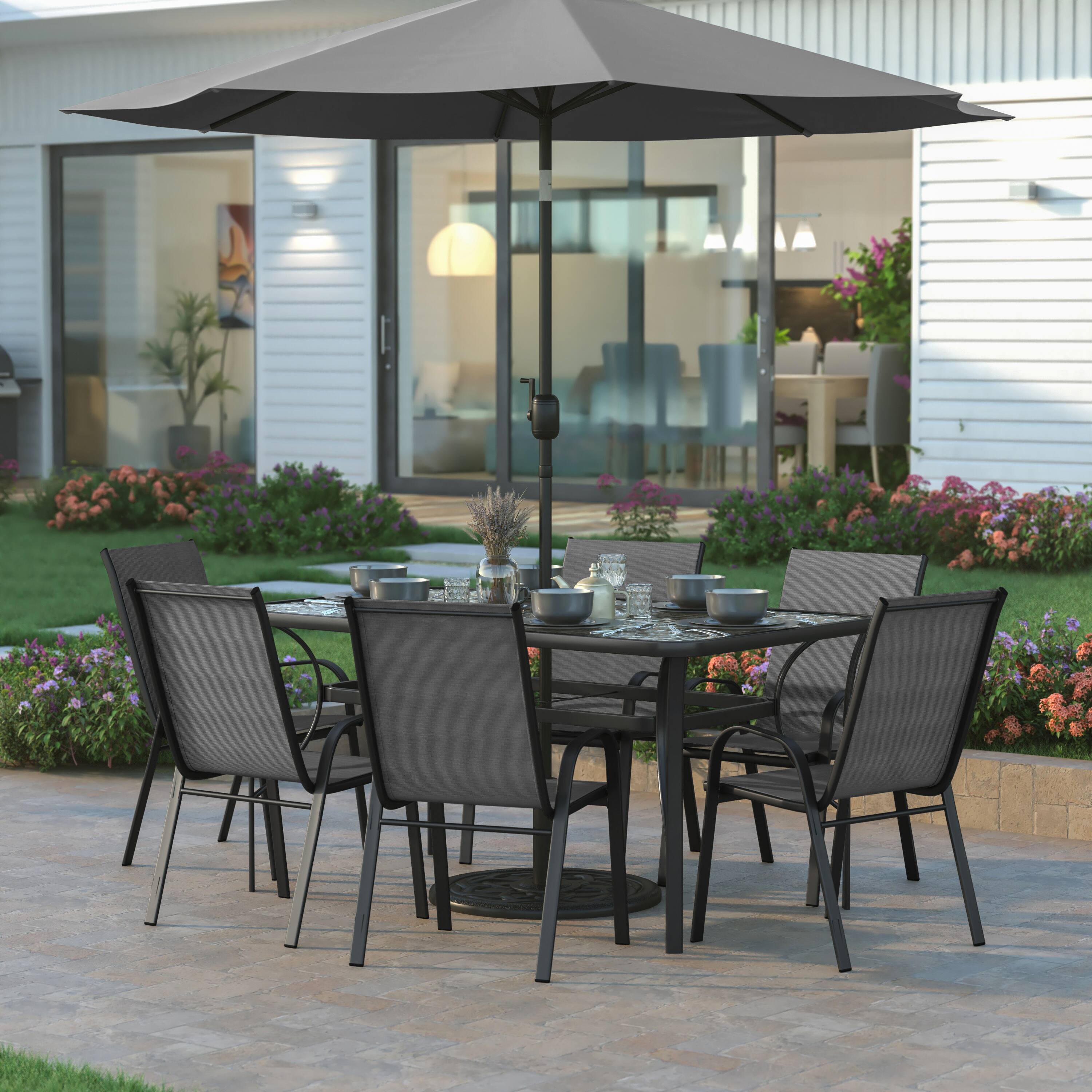Alt View 1. Emma + Oliver - Bartlett 7 Piece Outdoor Dining Set with Tempered Glass Top Patio Table and 6 Flex Comfort Textilene Stacking Chairs - Gray.