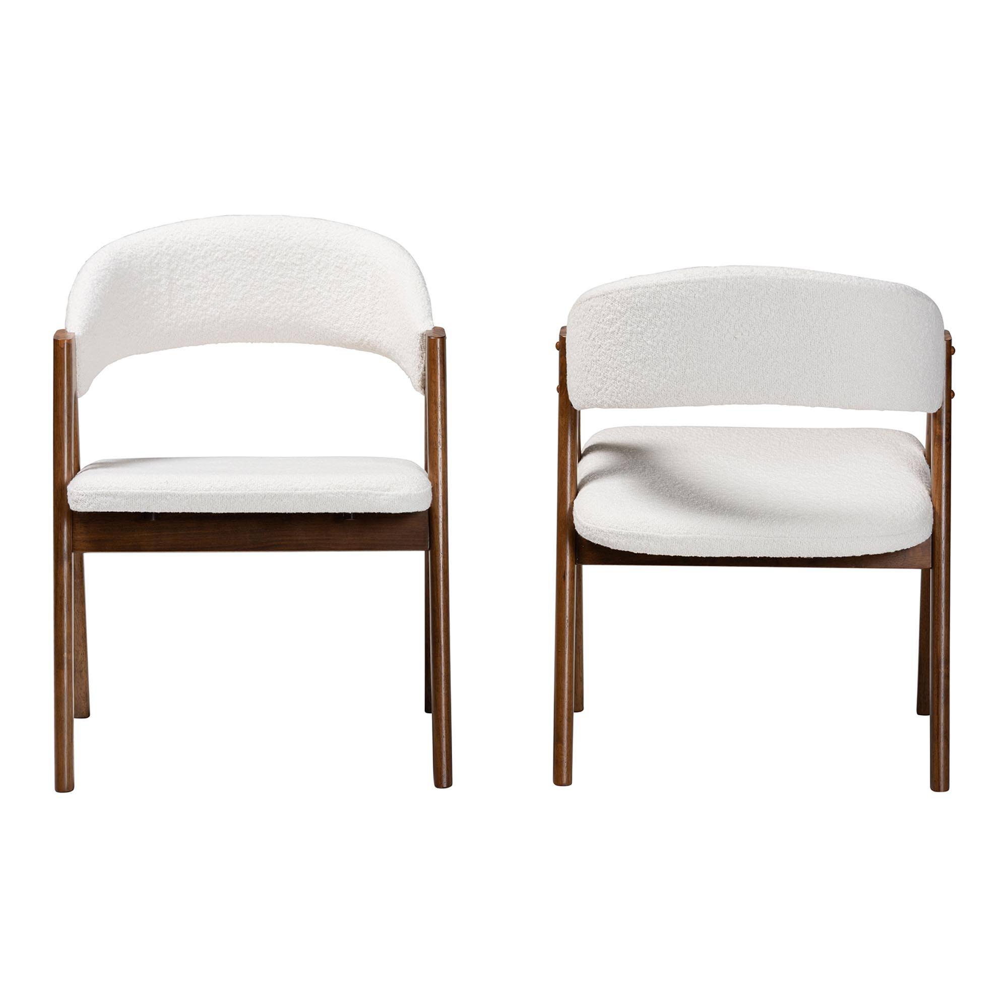 Angle. Baxton Studio - Virden Boucle Upholstered Dining Chair Set of 2- Armchair with Solid Wood Frame and Curved Open-Back Design - White/Walnut Brown.