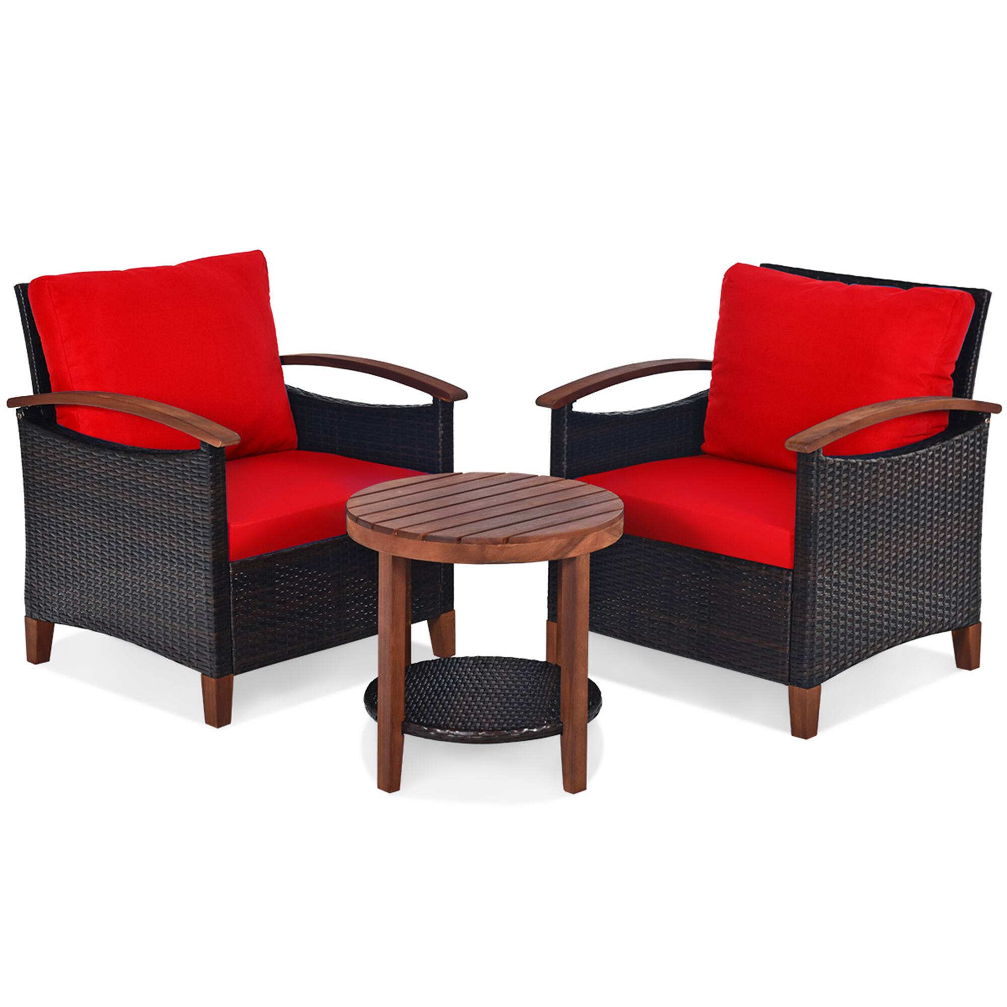 Alt View 1. Gymax - Gymax 3PCS Patio Wicker Rattan Conversation Set Outdoor Furniture Set w/ Red Cushion - Red.