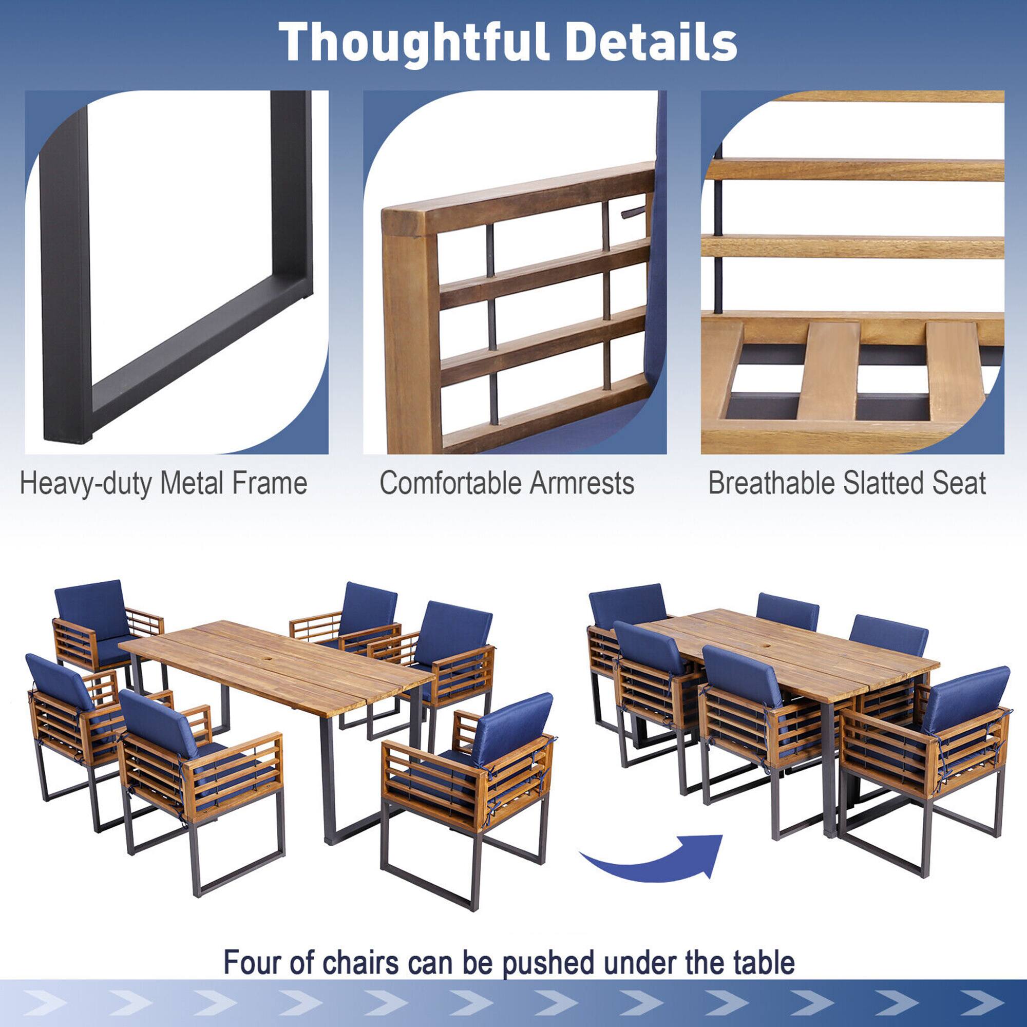 Thoughtful Details

Heavy-duty Metal Frame  
Comfortable Armrests  
Breathable Slatted Seat  

Four of chairs can be pushed under the table