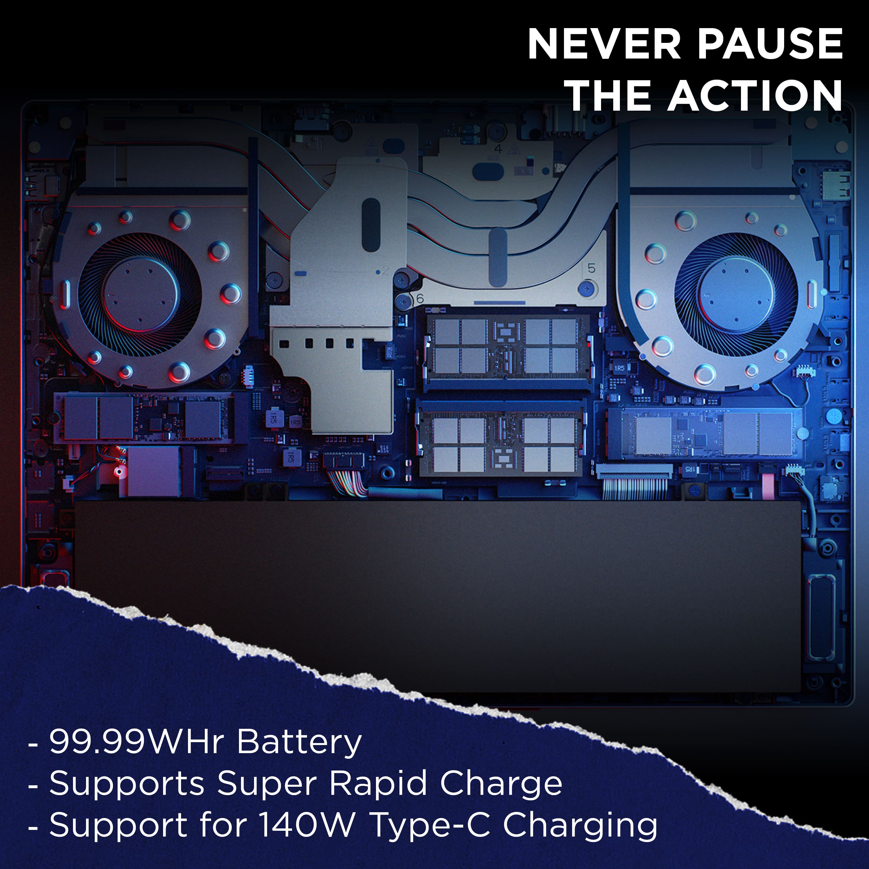 NEVER PAUSE THE ACTION: 99.99WHr Battery - Supports Super Rapid Charge - Support for 140W Type-C Charging