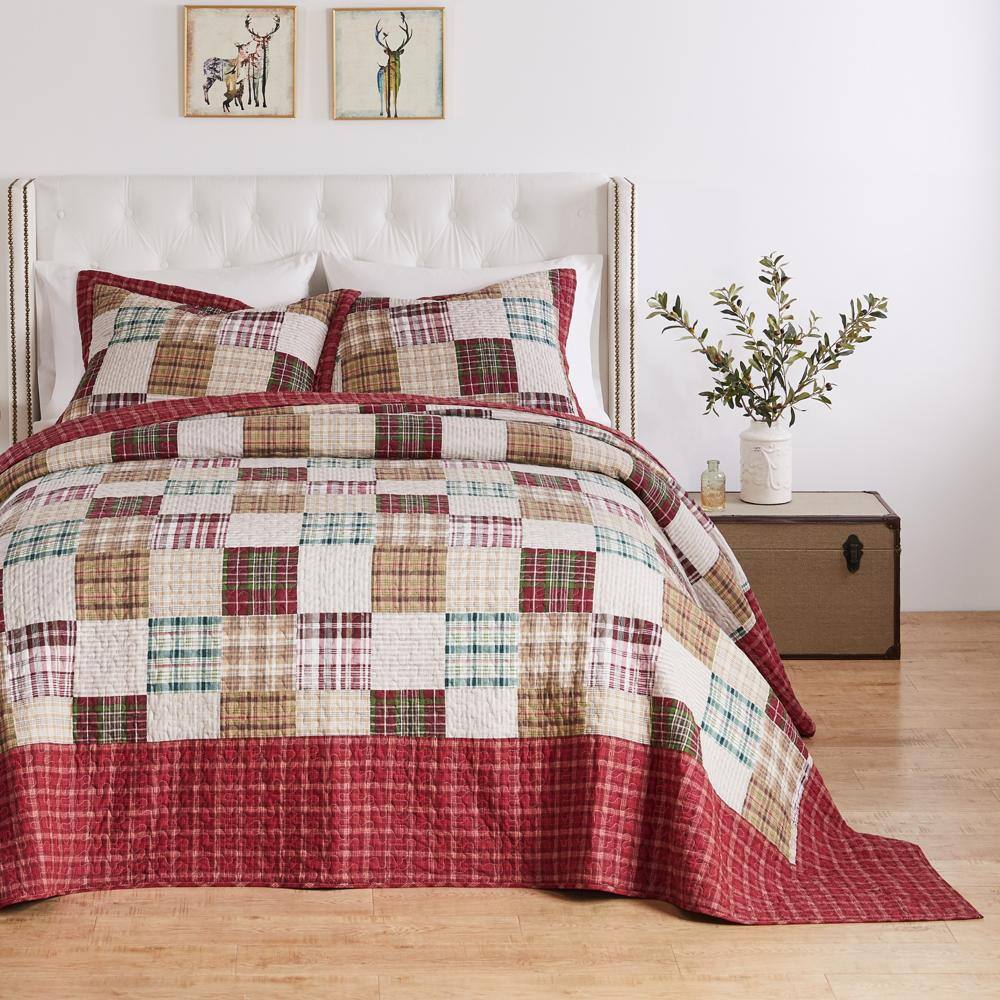 Alt View 4. Greenland Home Fashions - Greenland Home Fashions Oxford Plaid Jumbo-Sized for Floor-Length Coverage Bedspread Set King/California King Red - Red.