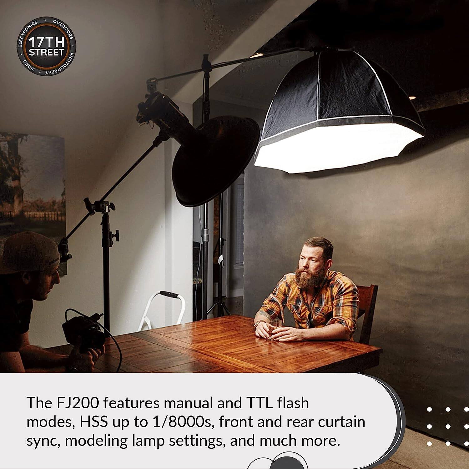 ELECTRONICS OUTDOORS  
17TH STREET  
OAKLAND, CA  

The FJ200 features manual and TTL flash modes, HSS up to 1/8000s, front and rear curtain sync, modeling lamp settings, and much more.