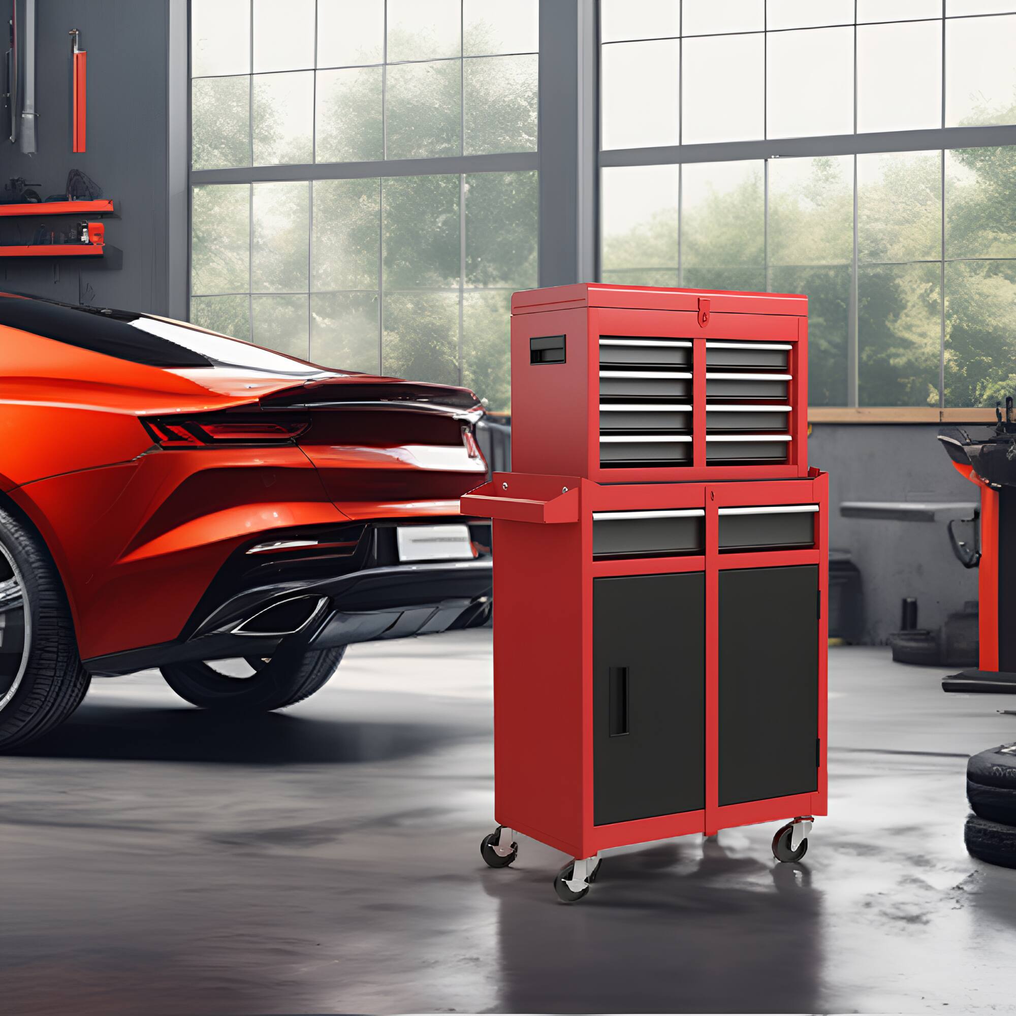 Alt View 2. Boyel Living - Red Tool Chest, 5-Drawer Rolling Tool Storage Cabinet with Detachable Top Tool Box.