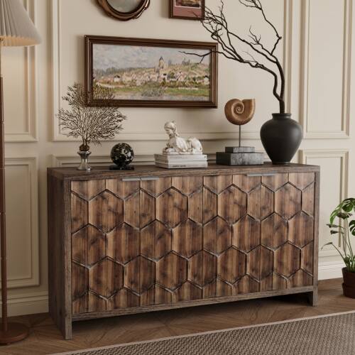 Angle. LUCKY ONE - Freestanding Farmhouse Accent Cabinet with 4 Doors Adjustable Shelves for Living Room Entryway - Natural Wood+Brown.