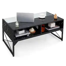 Gymax - High-gloss LED Coffee Table w/ Faux Marble & Tempered Glass Top 4 Storage Cubes - Black
