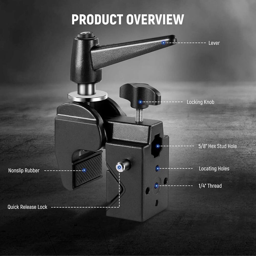 Schertz - Super Clamp with 5/8" Stud, Heavy-Duty Crab Clamp with 2.4" Jaw & Spring Lock for Camera, Lighting & Studio Mounting (33