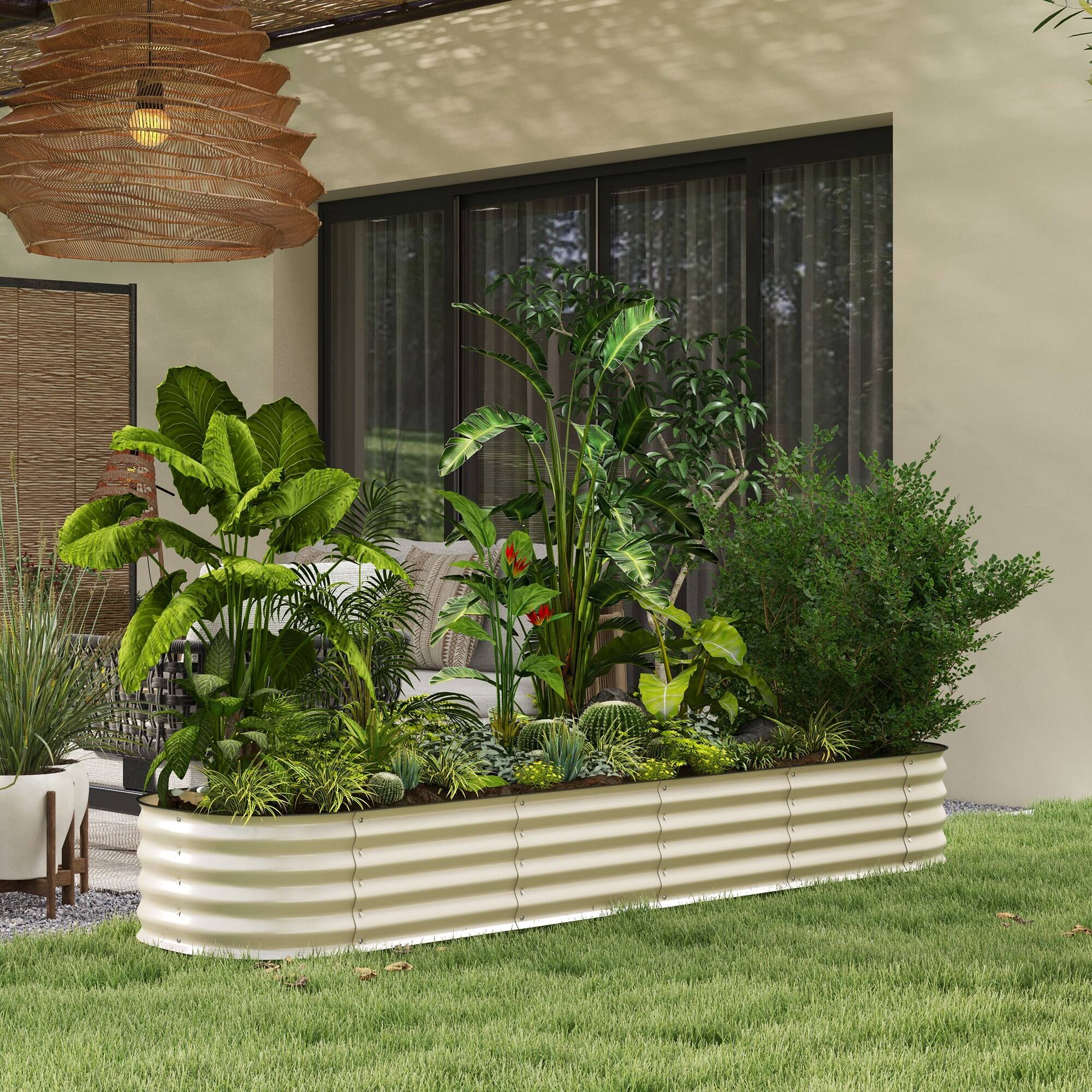 Alt View 1. Outsunny - 8' x 2' x 1' Galvanized Raised Garden Bed Kit, Outdoor Metal Elevated Planter Box with Safety Edging - Cream White.