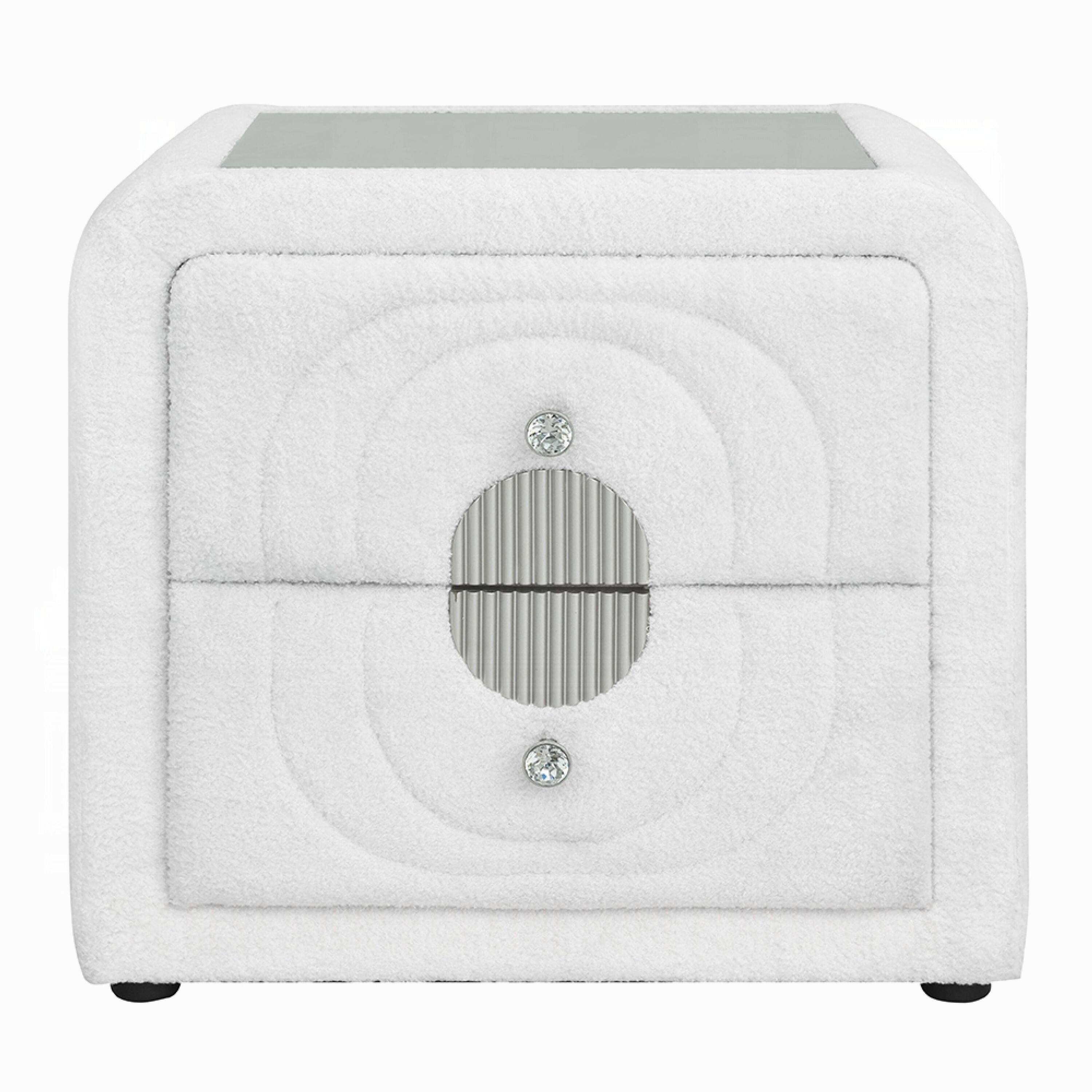 Angle. Manhattan Lane - Kery Glass Top Nightstand, 2 Drawers, Teddy Sherpa Upholstery - White, Chrome, Black.