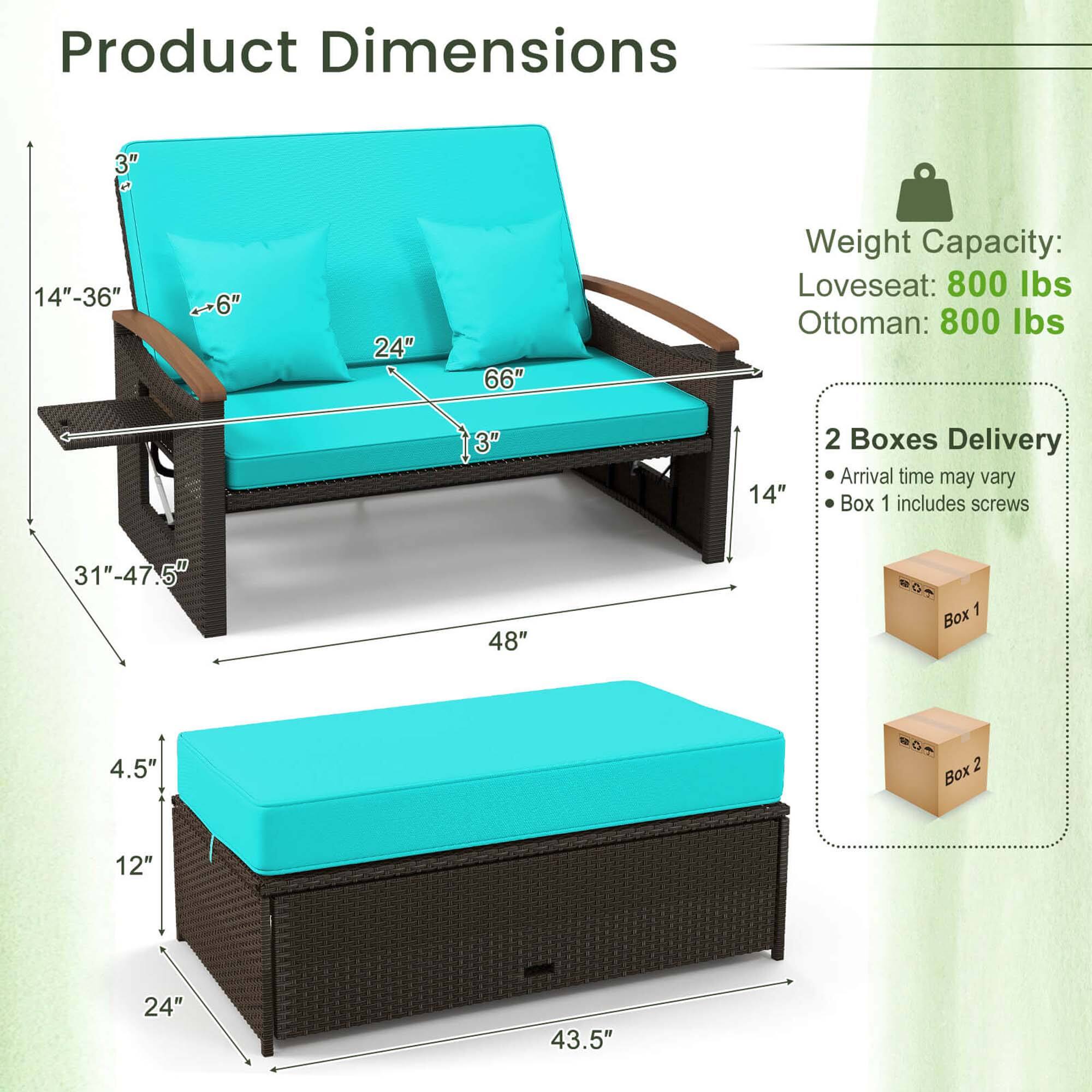 Product Dimensions:
- Loveseat: 31"-47.5" x 48" x 66"
- Ottoman: 3" x 14" x 24" x 43.5"

Weight Capacity:
- Loveseat: 800 lbs
- Ottoman: 800 lbs

Delivery:
- 2 Boxes Delivery
- Arrival time may vary
- Box 1 includes screws

Note: The dimensions and weight capacity are provided in the image description.