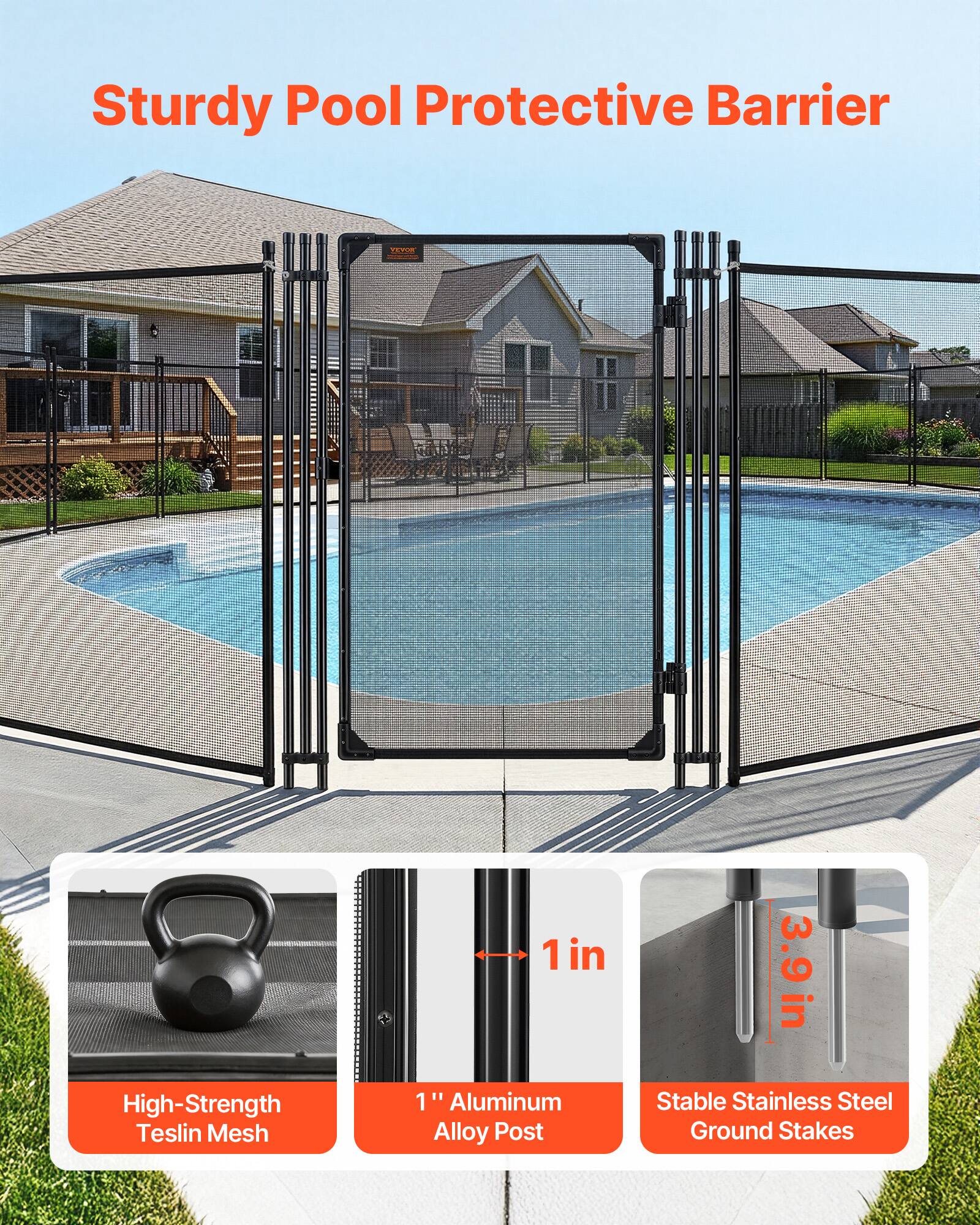 Sturdy Pool Protective Barrier

- High-Strength Teslin Mesh
- 1" Aluminum Alloy Post
- Stable Stainless Steel Ground Stakes (3.9 in)