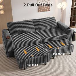 Dyonery - 91" Loveseat Sofa with Pull Out Bed, Corduroy 3-in-1 Convertible Sofa Bed with Reclining Backrest|USB Ports|Cup Holders - Gray