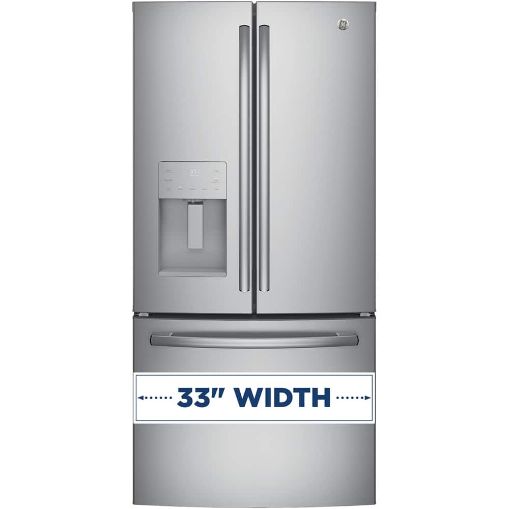 Front. GE - 23.6 Cu. Ft. French Door Refrigerator - Stainless Steel.