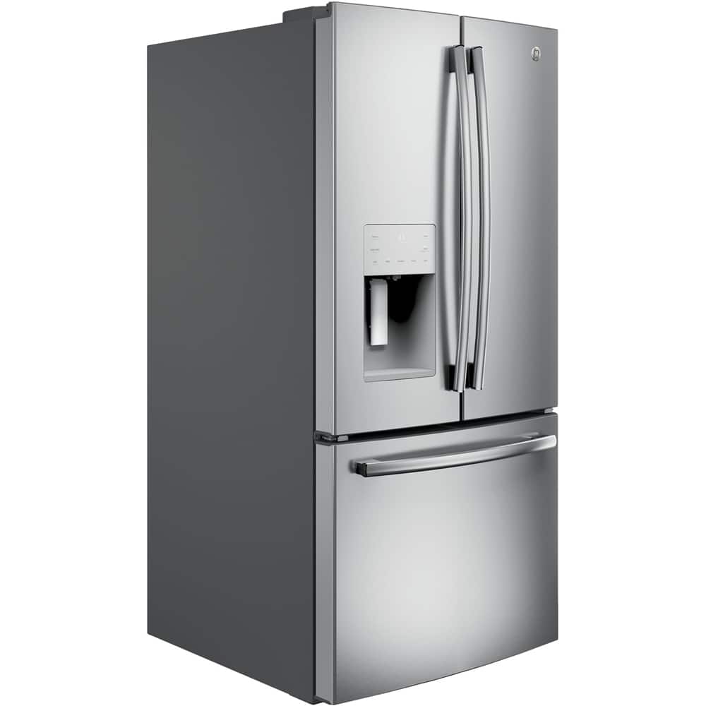 Left. GE - 23.6 Cu. Ft. French Door Refrigerator - Stainless Steel.