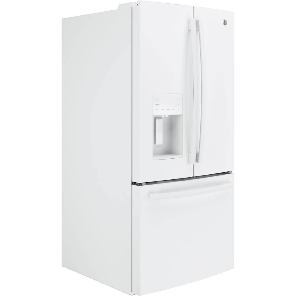 Angle. GE - 23.6 Cu. Ft. French Door Refrigerator - High Gloss White.