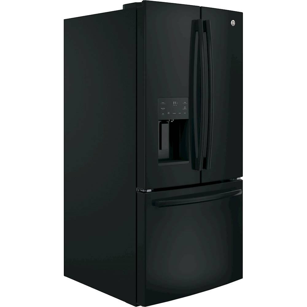 Angle. GE - 23.6 Cu. Ft. French Door Refrigerator - High Gloss Black.