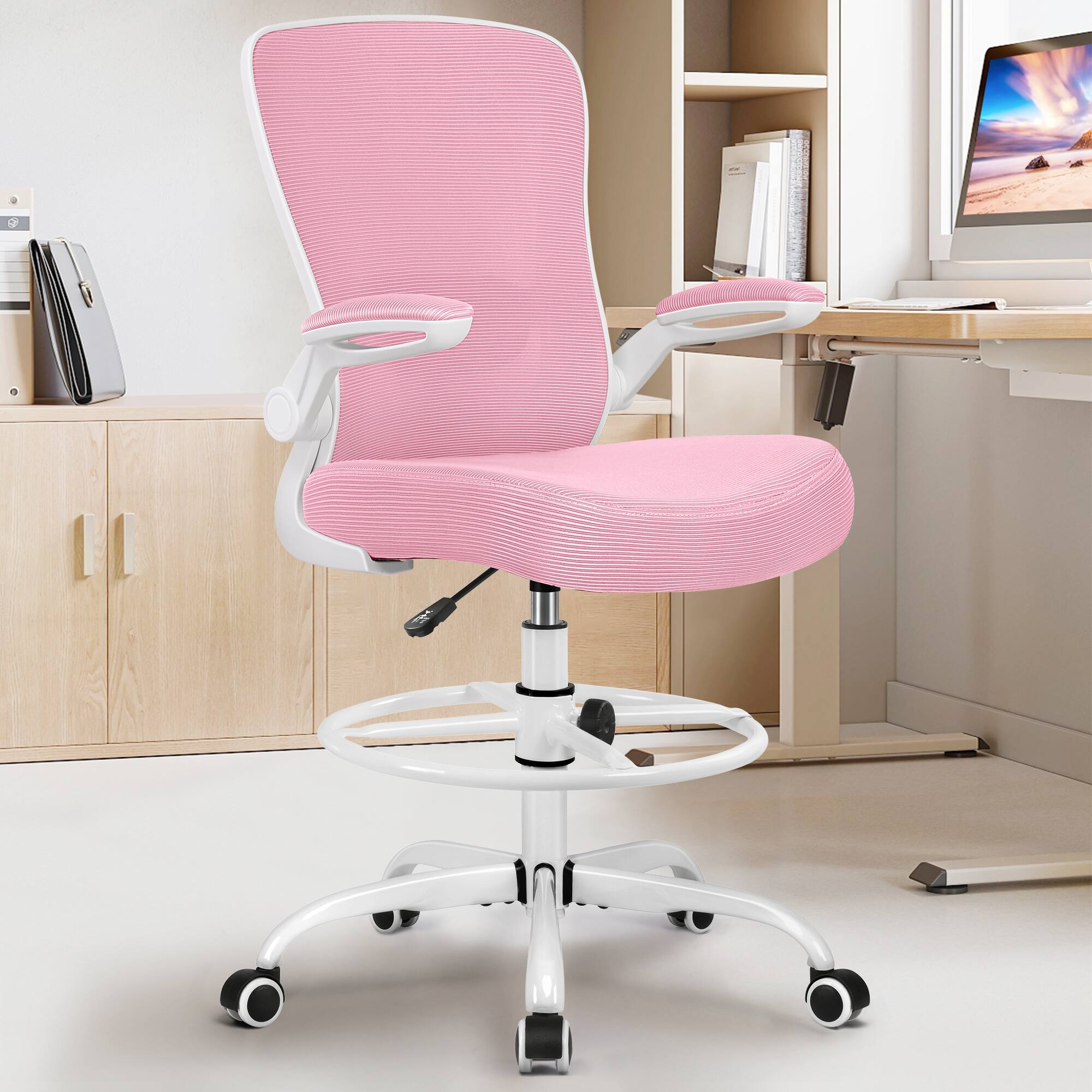 Alt View 3. KERDOM - High Back Drafting Chair Ergonomic Tall Office Chair With Lumbar Support Breathable Mesh Painting Chair, Flip-up Armrest - Pink.
