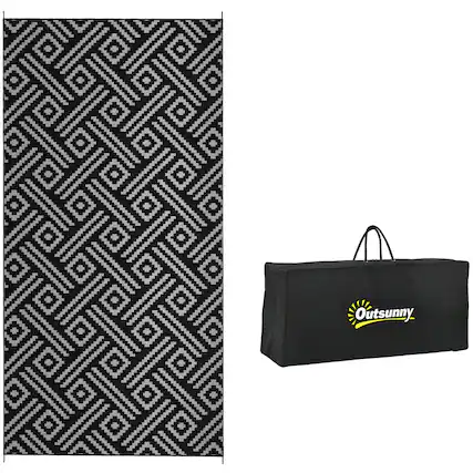 Front. Outsunny - Outdoor Rug for Patio, 9' x 18' Waterproof Large Mat, Reversible Plastic Straw Rug for Décor - Black and Gray Geometric.