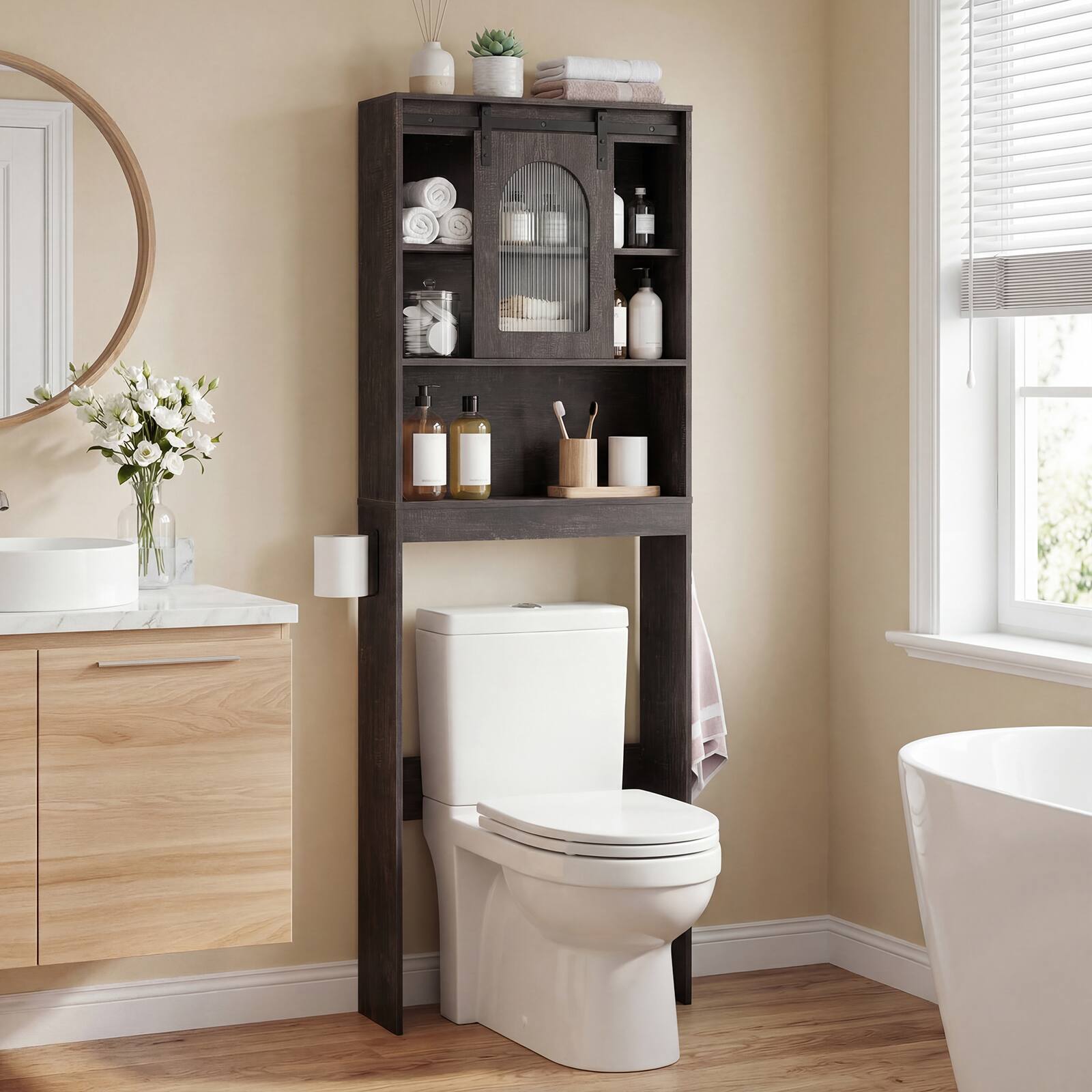 Alt View 1. Costway - Costway Over Toilet Storage Cabinet with Sliding Barn Door Toilet Paper Holder Open Shelves - Black Oak.