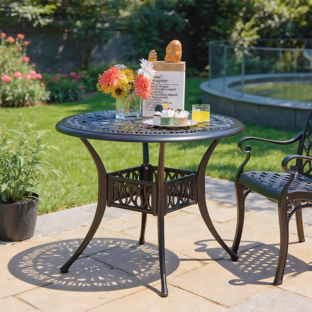 Kadyn - 36 Inch Patio Round Dining Bistro Table with Umbrella Hole- Slatted Outdoor Coffee Table for Outside Patio Storage - Brown