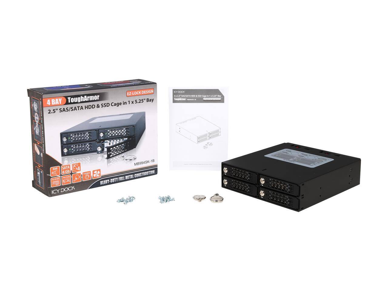 EZ-LOCK DESIGN 4 BAY ToughArmor in 1 x 5.25" Bay HDD & SSD Cage 2.5" SAS/SATA C DN ..2. SASSATA - 4 M Lage - 52 hay Toeghdreer 2 BAR SATA 1A a 6 Gb NA a V ICY DOCK MB994SK-1B METAL CONSTRUCTION HEAVY-DUTY OUTY FOLL