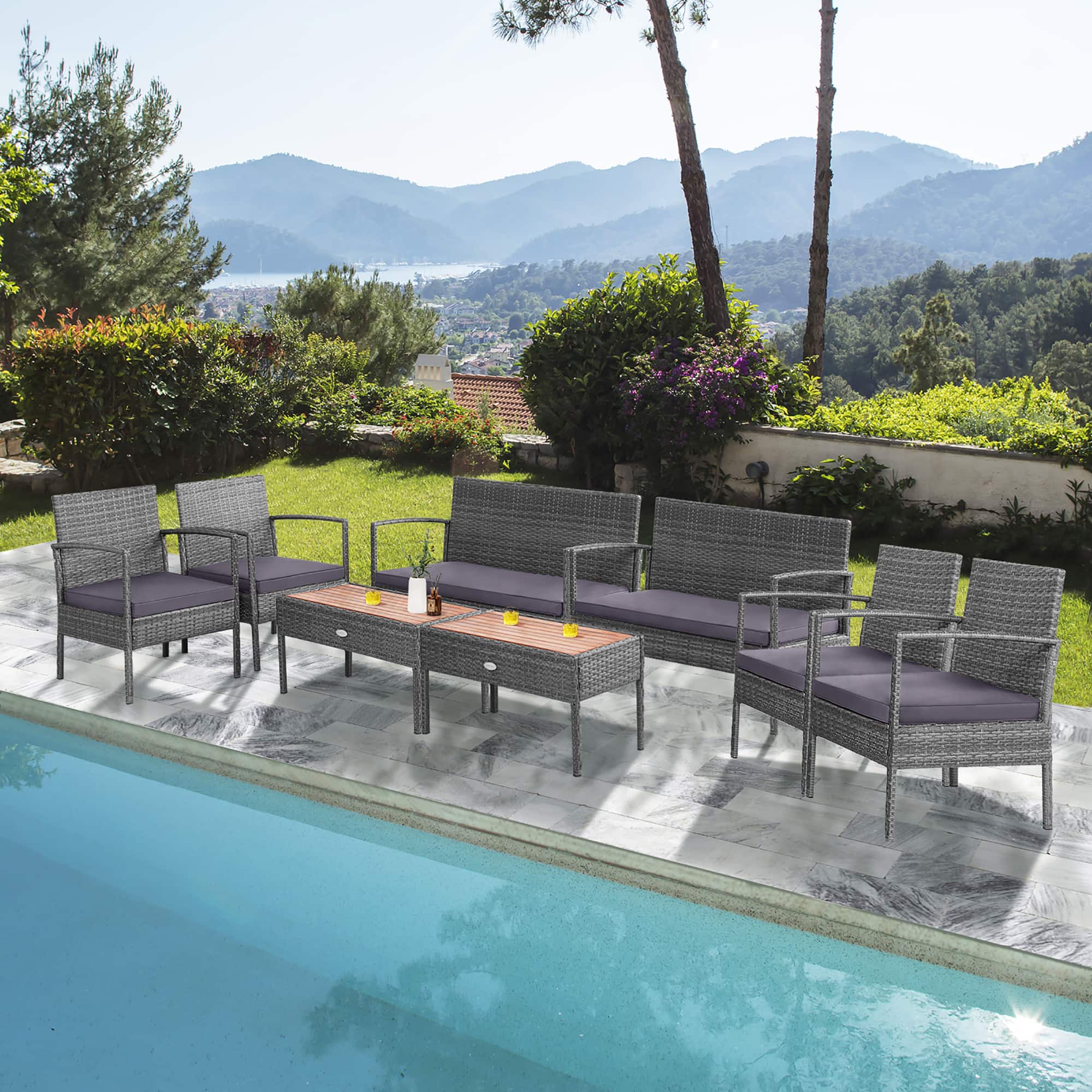 Costway - 8PCS Patio Rattan Furniture Set Cushioned Chair Wooden Tabletop - Gray