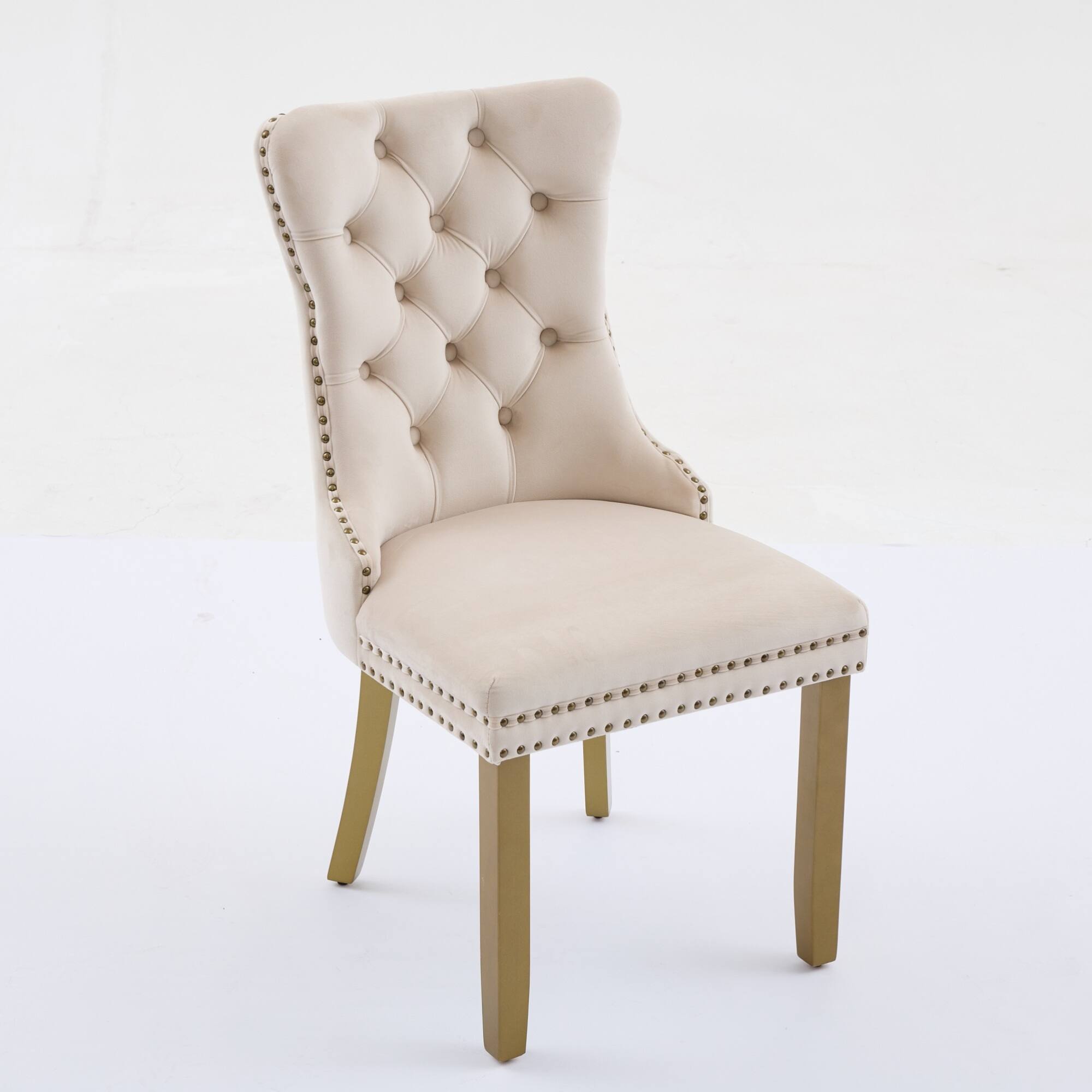 Back. GOODSILO - Modern Tufted Velvet Dining Chairs with Lion Head Pull Rings and Golden Wooden Legs, Set of 2 - Beige.