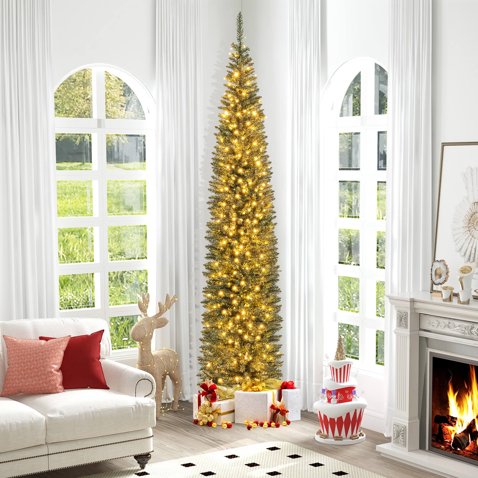 Front. Gymax - Gymax 9 ft Pre-Lit Artificial Christmas Tree Slim Pencil Xmas Tree Holiday Party Decor - Green.