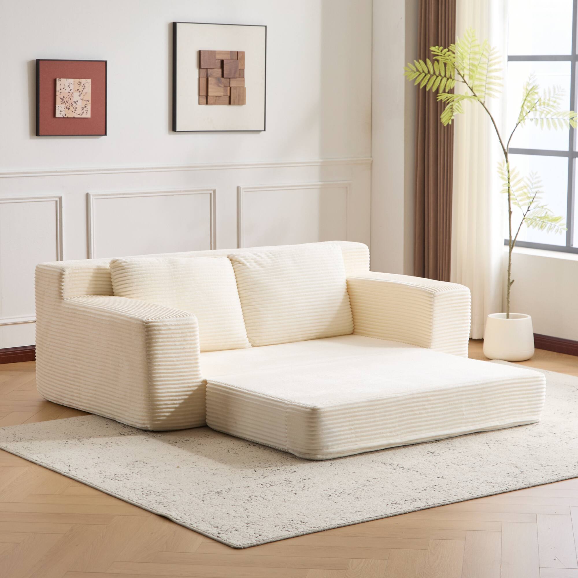Angle. GOODSILO - Modern Corduroy Loveseat Sofa Bed | Reversible Cushions & Deep Seating for Compact Spaces - White.