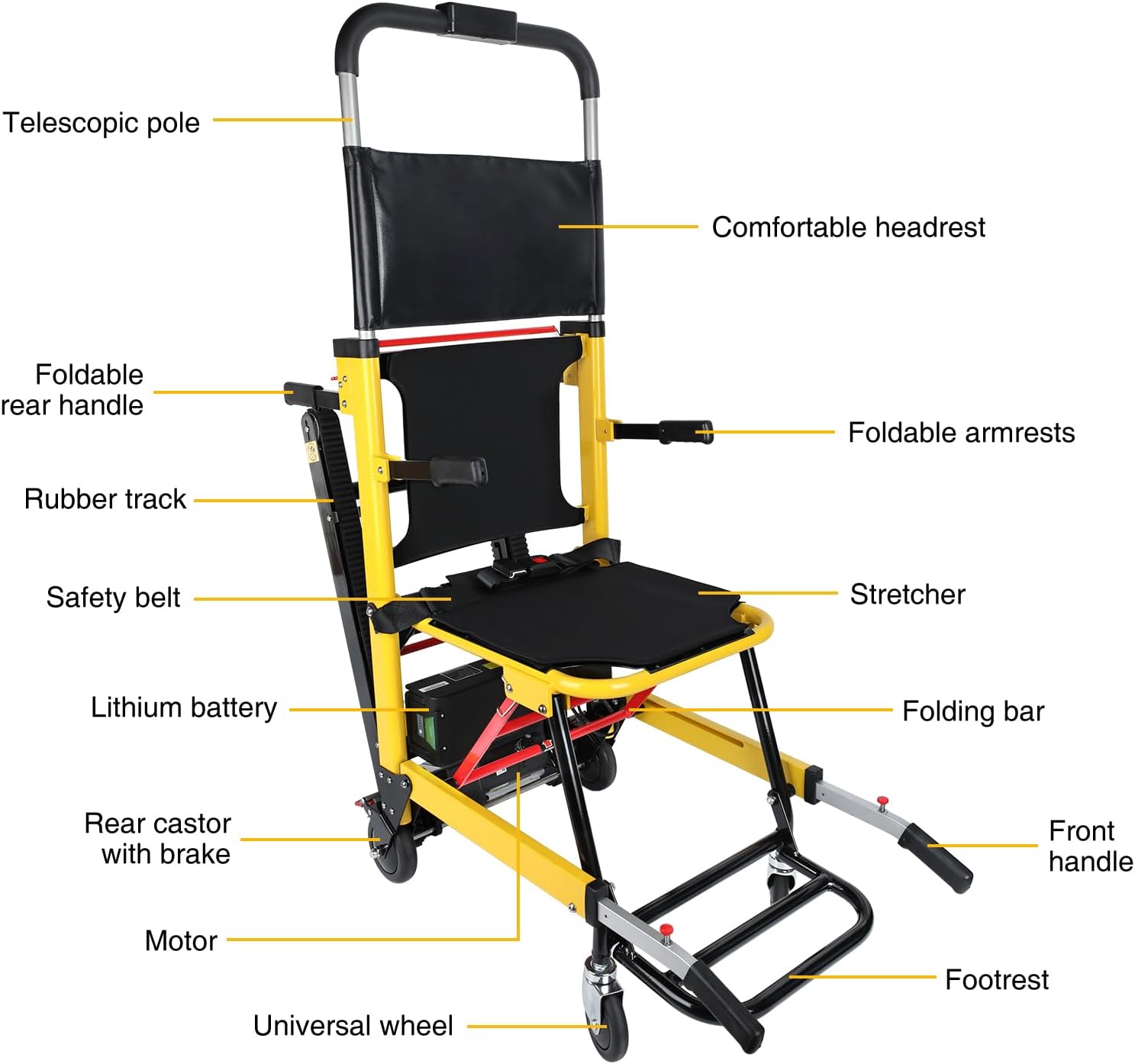 - Telescopic pole
- Comfortable headrest
- Foldable rear handle
- Foldable armrests
- Rubber track
- Safety belt
- Stretcher
- Lithium battery
- Rear caster with brake
- Motor
- Folding bar
- Front handle
- Footrest
- Universal wheel