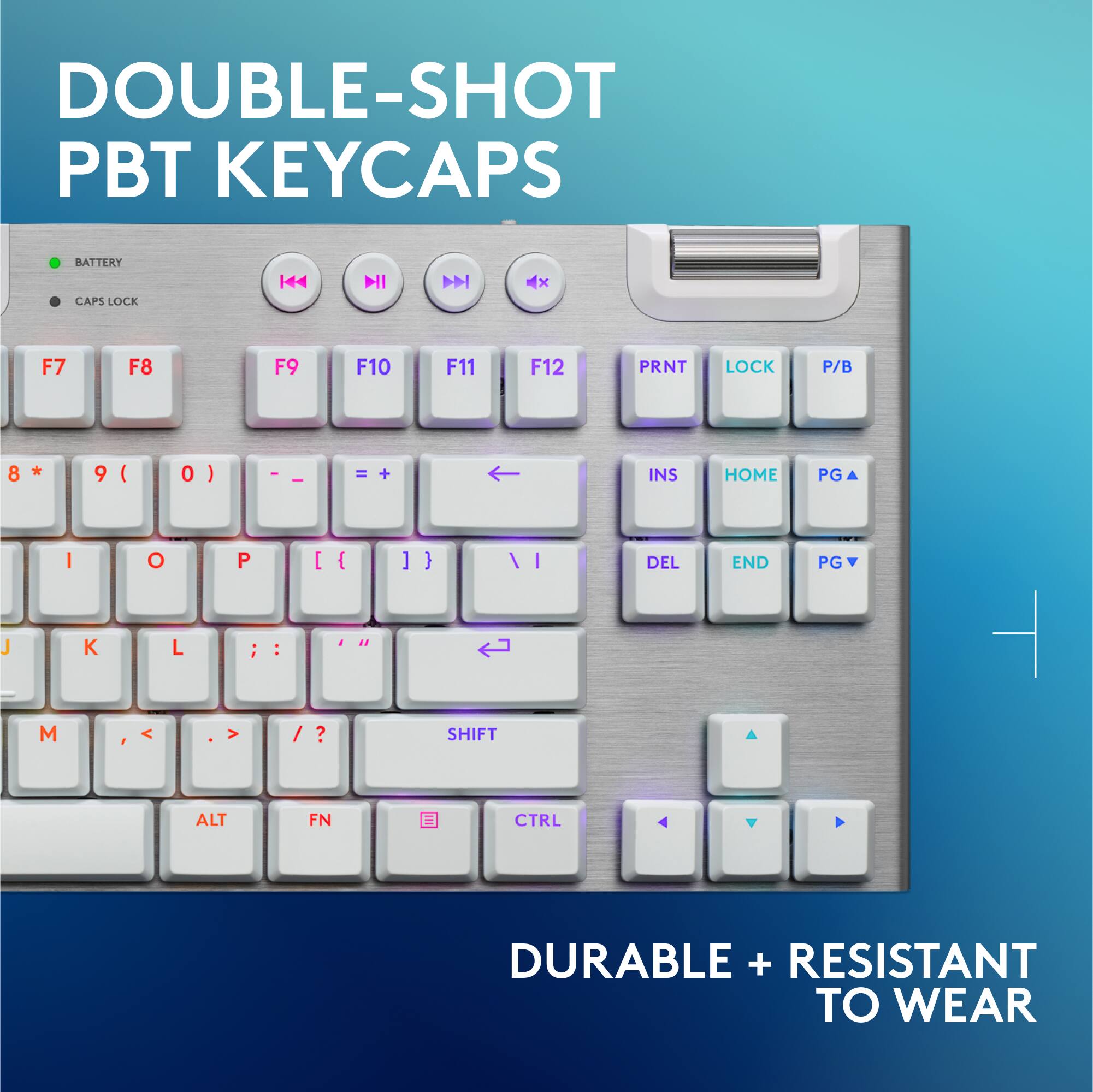 The text on the image reads "Double-Shot PBT Keycaps Battery Caps Lock H NI DN x F7 F8 F9 F10 F11 F12 PRINT LOCK P/B 8 * 9 (0 I I I = + INS HOME PG J M I K O L P ; > : / I ? : da ] ] / SHIFT I DEL END PG - ALT FN CTRL DURABLE + RESISTANT TO WEAR."