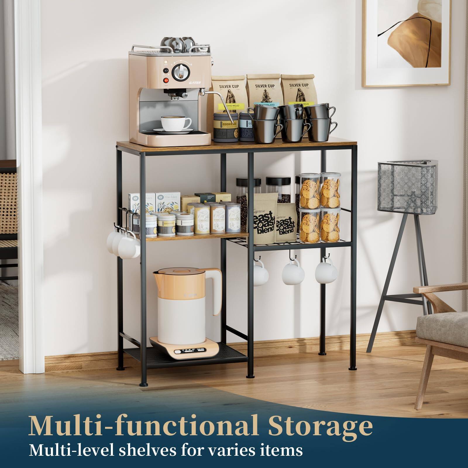 Multi-functional Storage  
Multi-level shelves for various items
