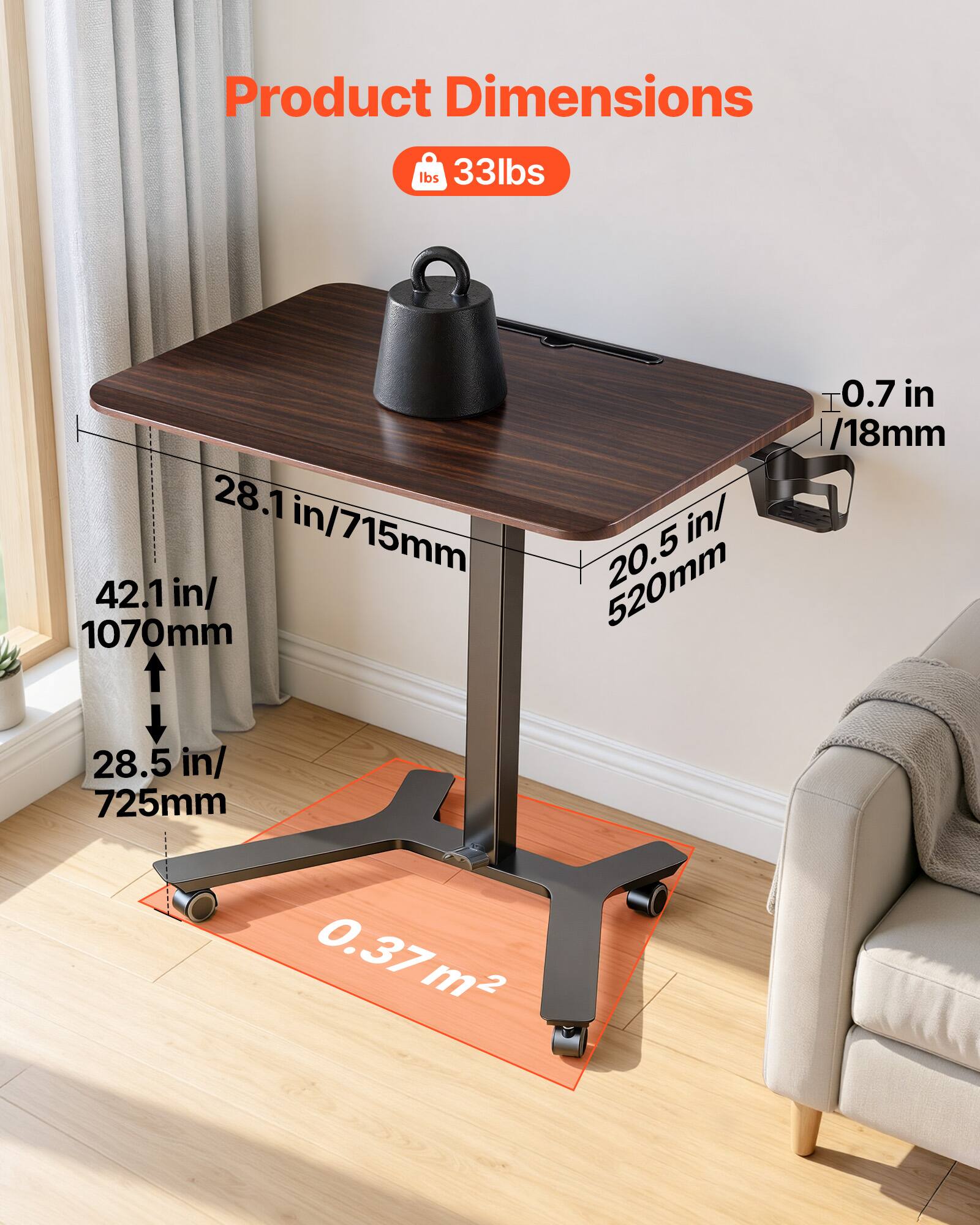 Product Dimensions:  
- Weight: 33 lbs  
- Height: 28.1 in / 715 mm  
- Width: 42.1 in / 1070 mm  
- Depth: 20.5 in / 520 mm  
- Thickness: 0.7 in / 18 mm  
- Floor Space: 0.37 m²