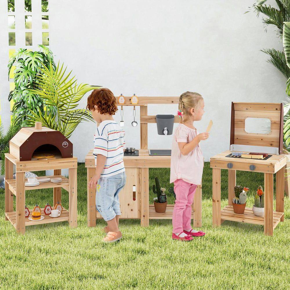 Alt View 5. Resenkos - 3-Piece Outdoor Mud Kitchen Set with BBQ Grill & Pizza Oven - Pretend Play Kitchen - Natural.