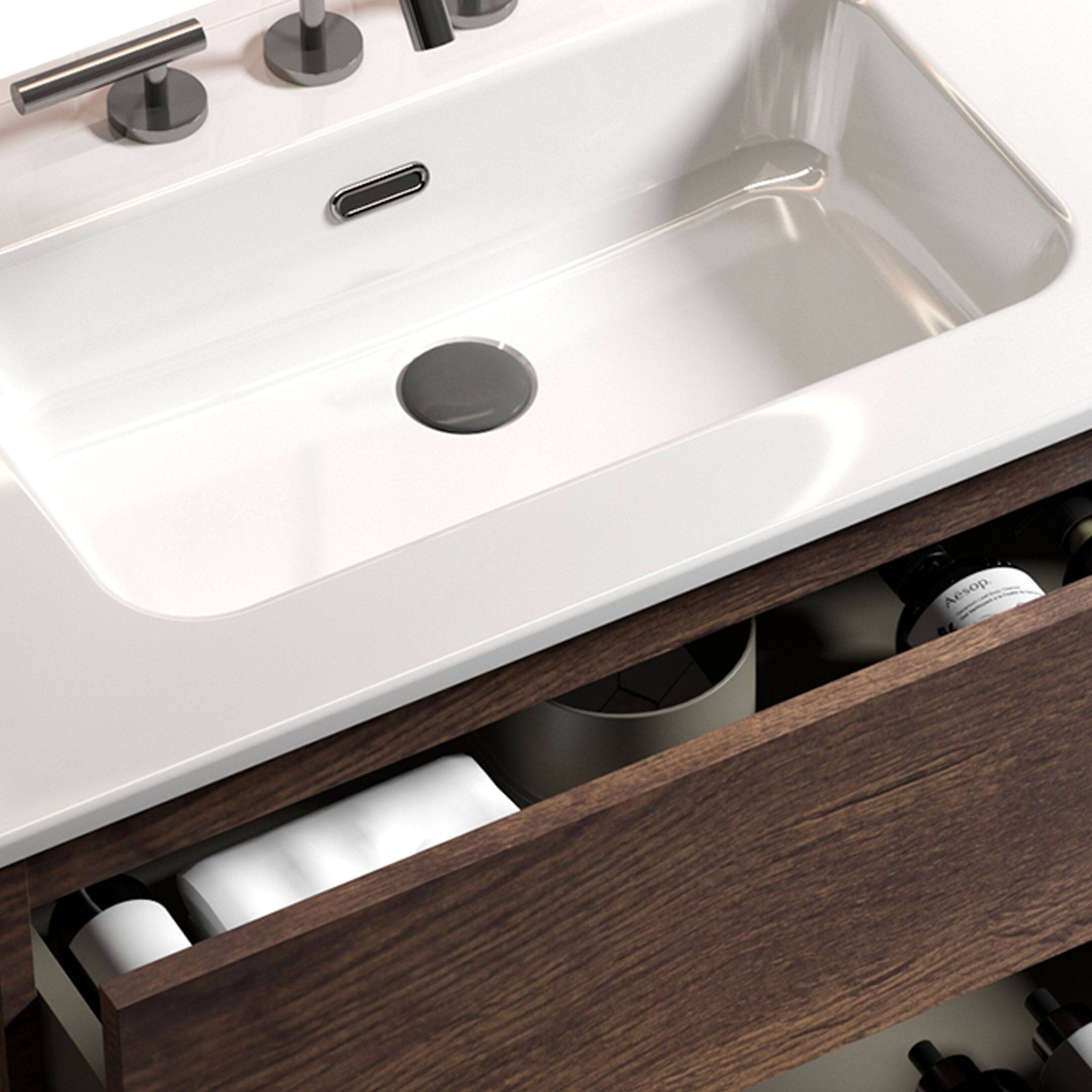 Alt View 3. Boyel Living - 36 Inch Walnut Bathroom Vanity with Sink, Large Storage, Freestanding Design, One-Piece Basin, Pre-Assembled - White+Walnut.